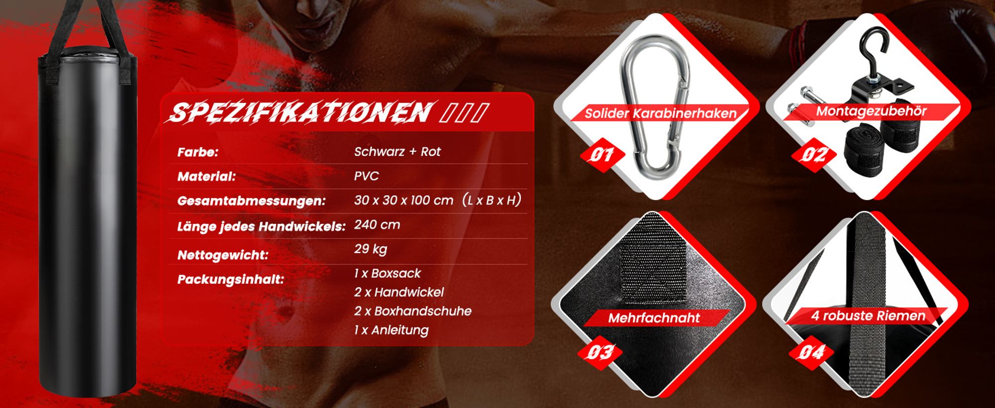 COSTWAY 28,5 kg Boxsack-Set für Erwachsene, Hängender Boxsack mit 12 oz Boxhandschuhen & Handschlaufen, Punching Bag für Muay Thai, Krav MAGA, Taekwondo, Karate, Boxing Bag inkl. Deckenhaken