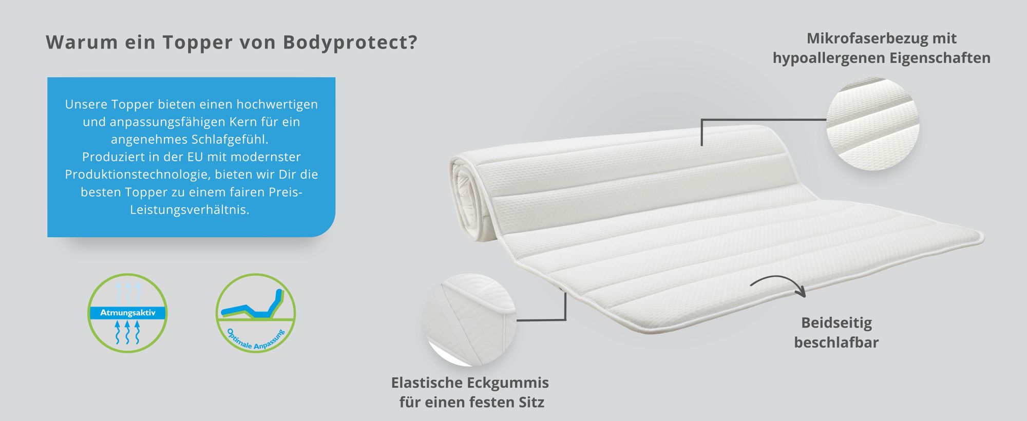 ergonomischer Topper mit Schaumkern, 90 x 200 cm, weich, atmungsaktive Matratzenauflage für alle Matratzen, Bodyprotect