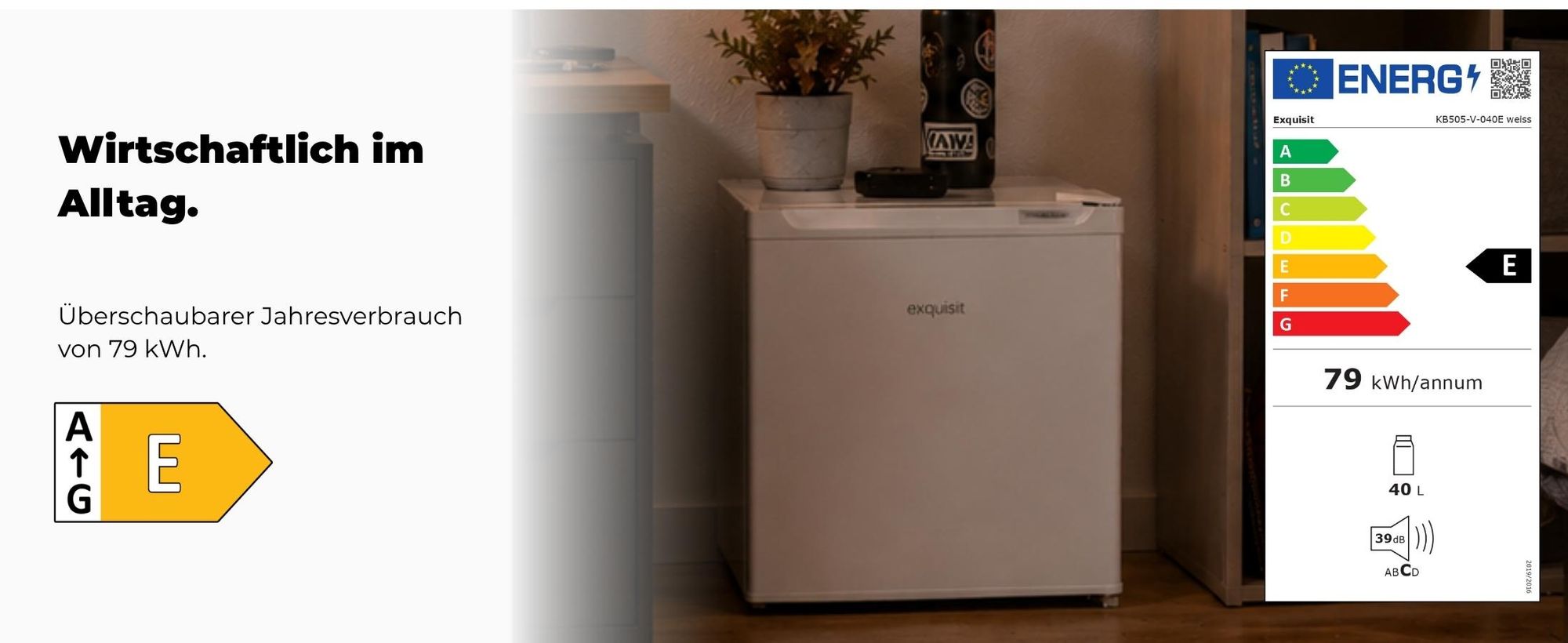 Exquisit Mini-Kühlschrank, Kühlschrank ohne Gefrierfach, 40 Liter, 45 cm Breite, 51 cm Höhe, Türanschlag wechselbar, KB505-V-040E weiss