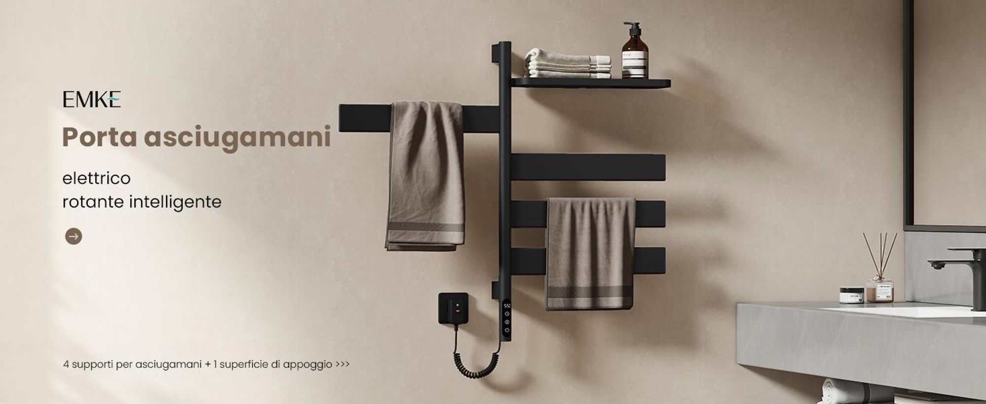 EMKE Scaldasalviette Elettrico con Portasciugamani Girevole e Mensola, Termoarredo Bagno WiFi con App e Controllo Vocale, Timer, 76x45x14 cm, Nero