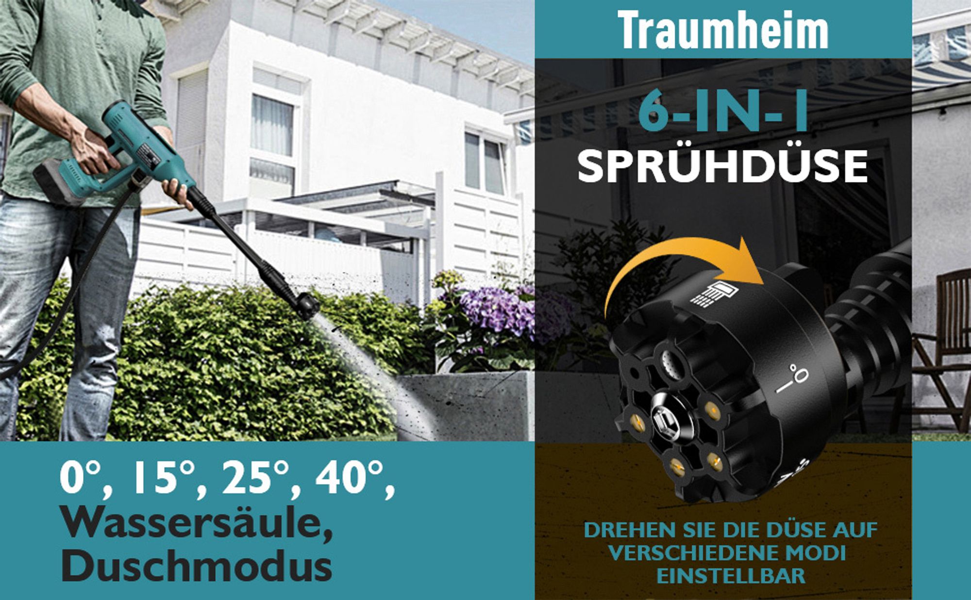 440W Hochdruckreinigerpistole für Makita 18V Akku (ohne Akku) mit Verlängerungsstange & 6-in-1 Düse, 5m schlauch - Für Auto, Haus und Garten