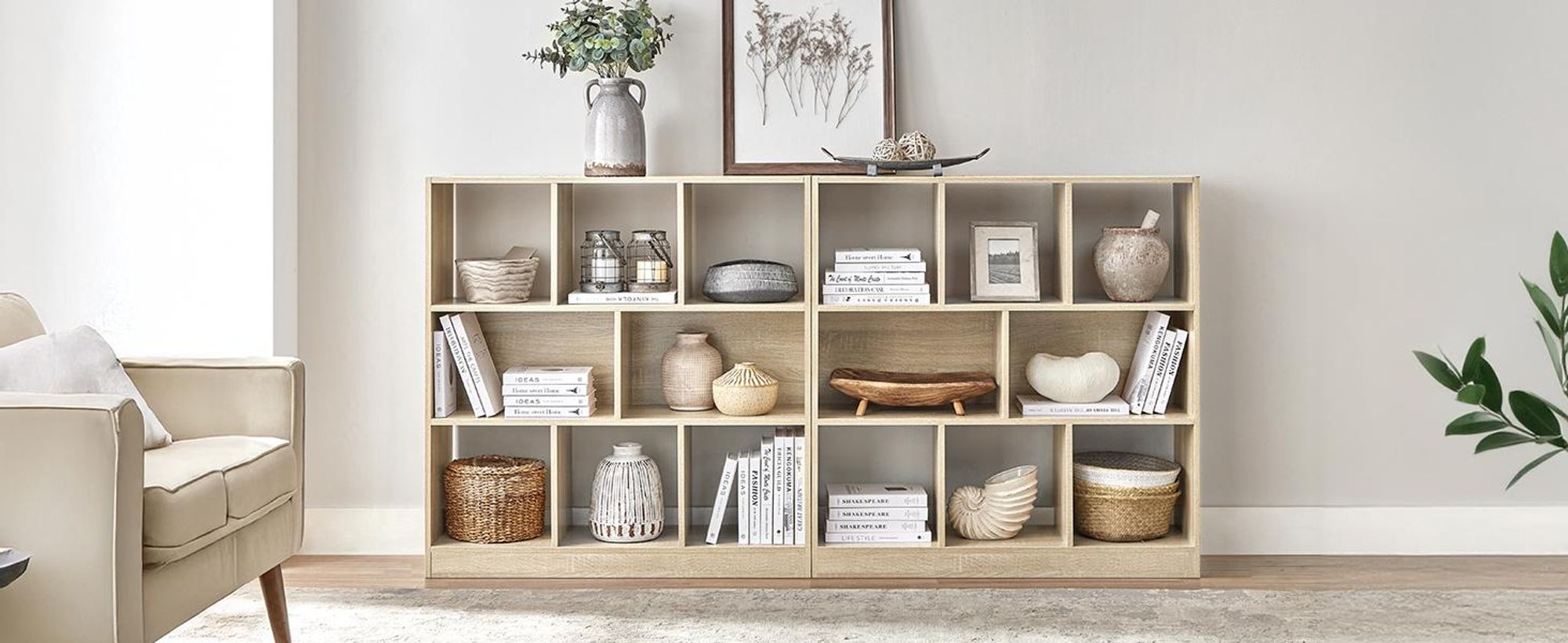 VASAGLE Bücherregal eiche Holzregal 97,5 x 100 x 30 cm Standregal aus Holz mit offenen Fächern Vitrine LBC52NL