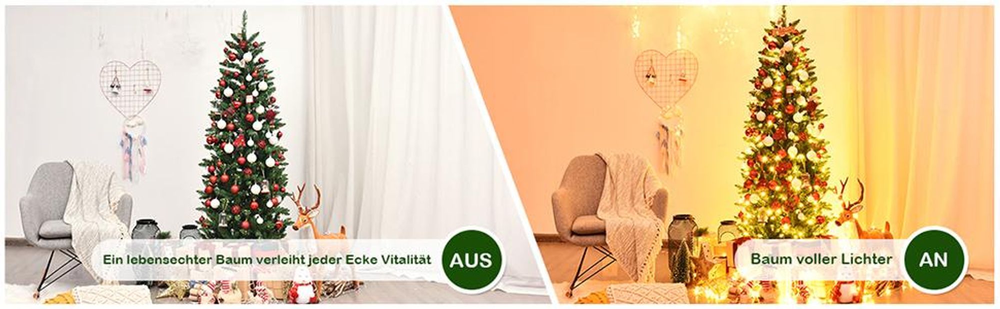 COSTWAY 150cm Bleistift Weihnachtsbaum mit warmweißen LED-Leuchten, künstlicher Tannenbaum mit Klappsystem und Metallständer, Christbaum PVC Nadeln, Kunstbaum Weihnachten Grün
