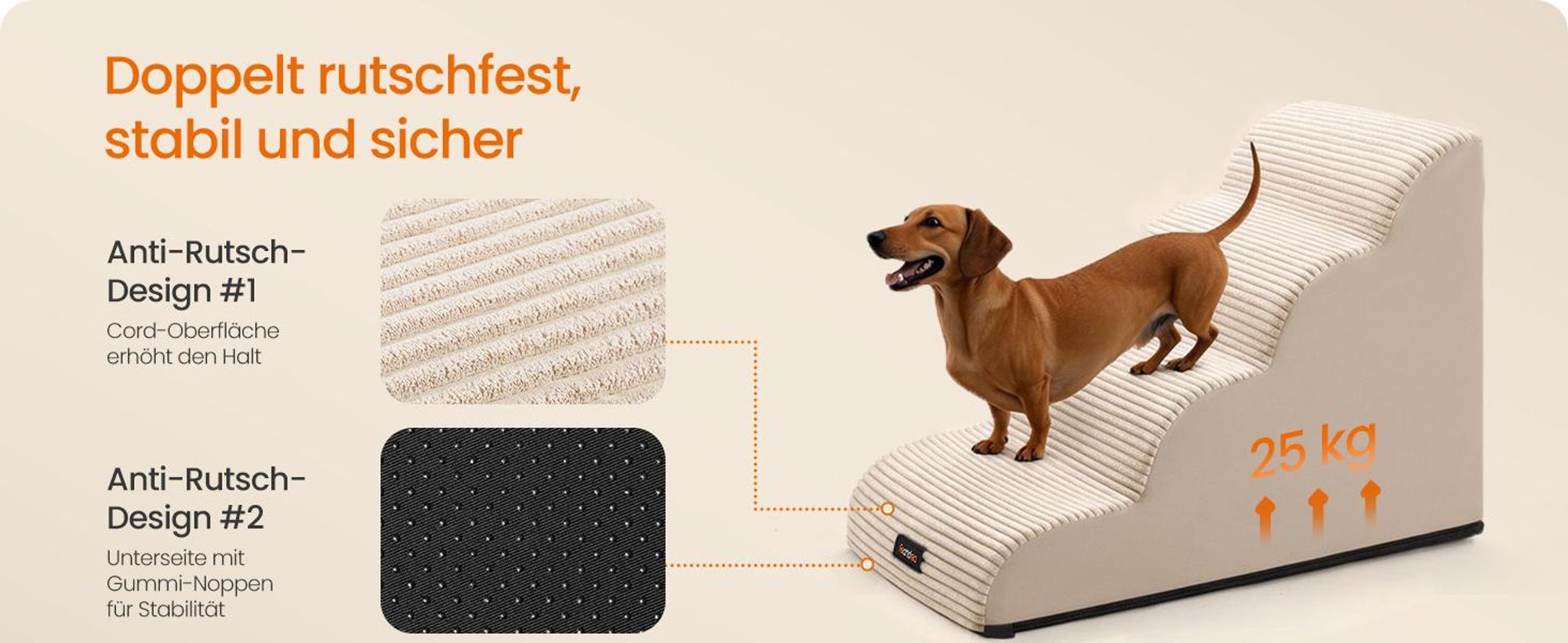 FEANDREA Hundetreppe für Kleine Hunde, Rutschfeste Hunderampe für Bett, Waschbar, 72 x 40 x 50 cm, Beige