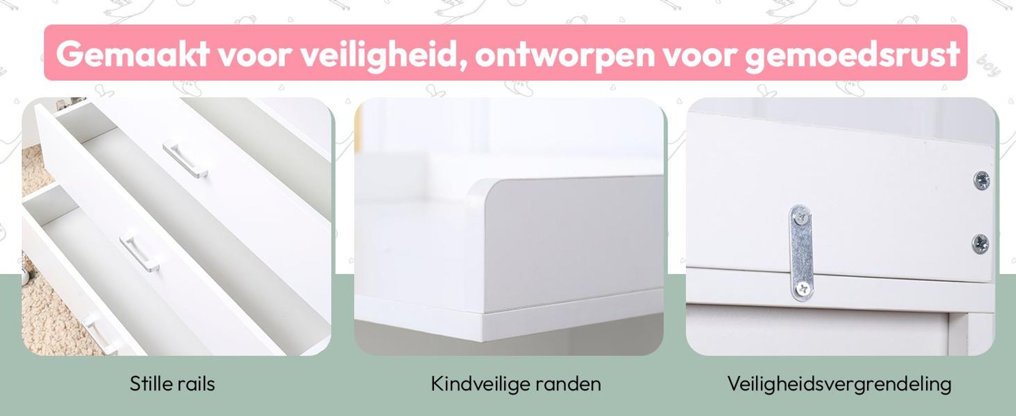 Commode met verschoningstafel, babycommode van hout met verschoningselement, 3 lades, 1 deur, 100 cm hoog, wit. Afmetingen verschoningstafel: 113 x 100 cm
