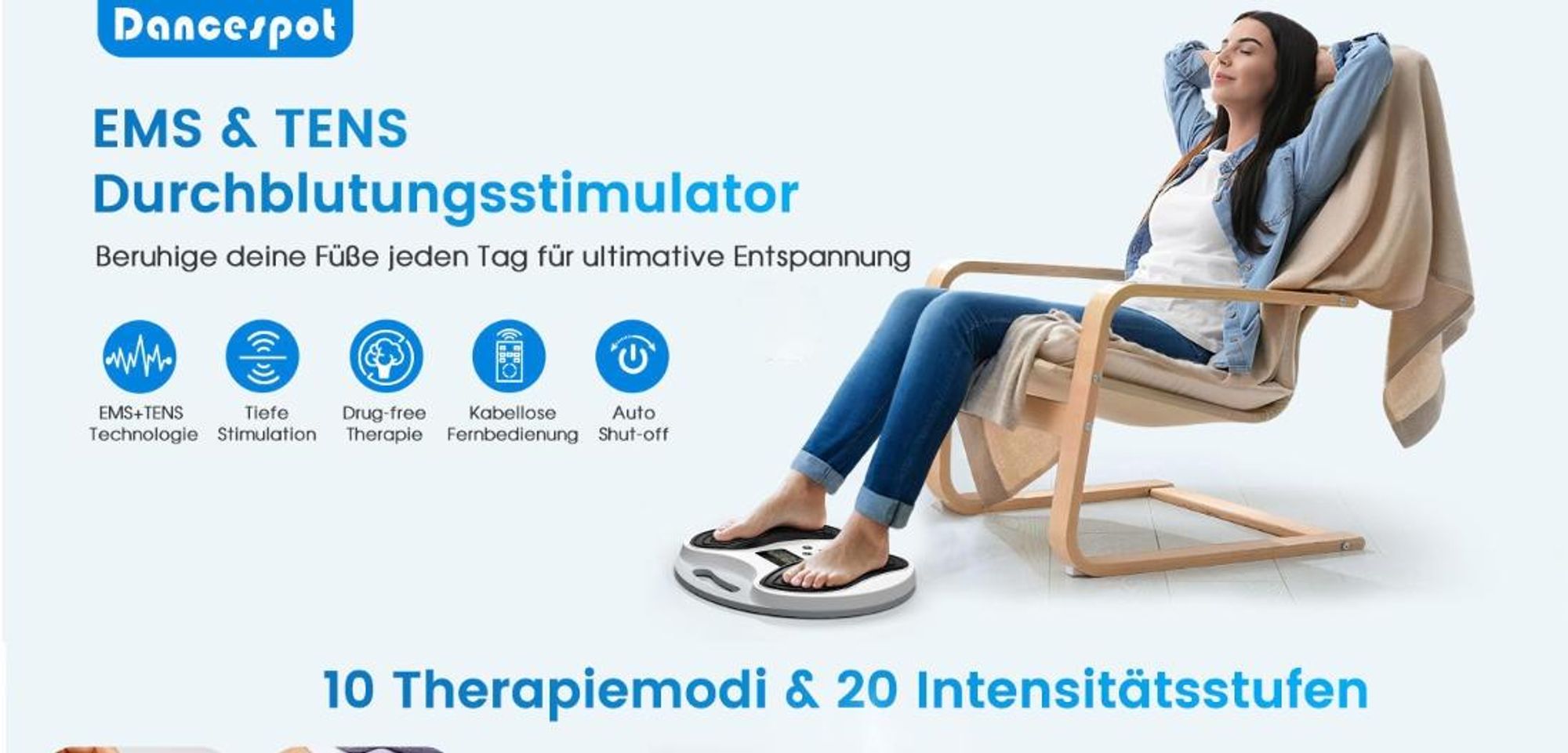 EMS Fußmassagegerät mit TENS – Durchblutungsstimulator für Beine & Füße gegen Müdigkeit, Schmerzen & Neuropathie