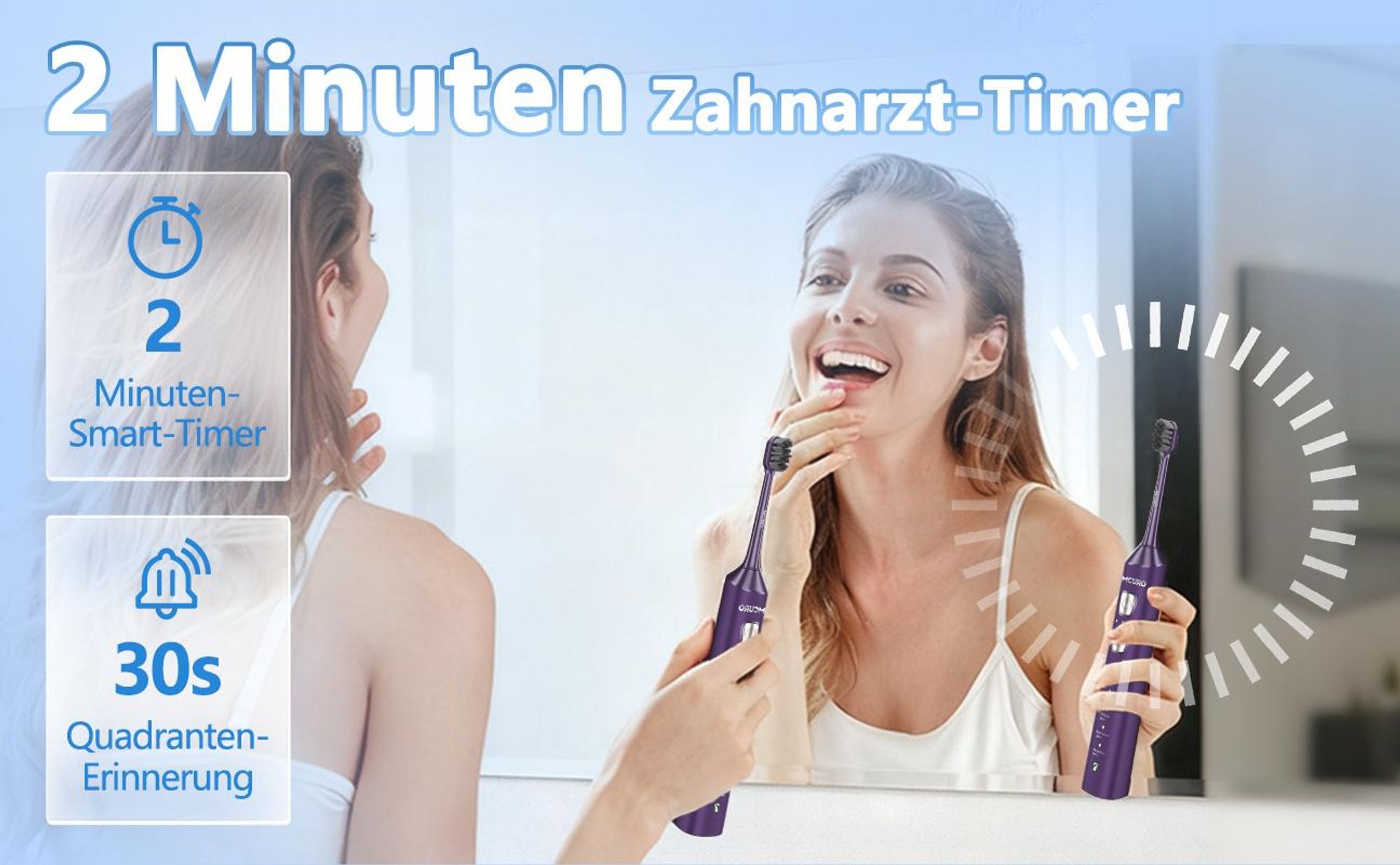 MCURO Elektrische Schallzahnbürste, 45.000 VPM, bis zu 180 Tage Akkulaufzeit, 5 Putzmodi, IPX7 wasserdicht, mit Timer & 6 Bürstenköpfen, Lila