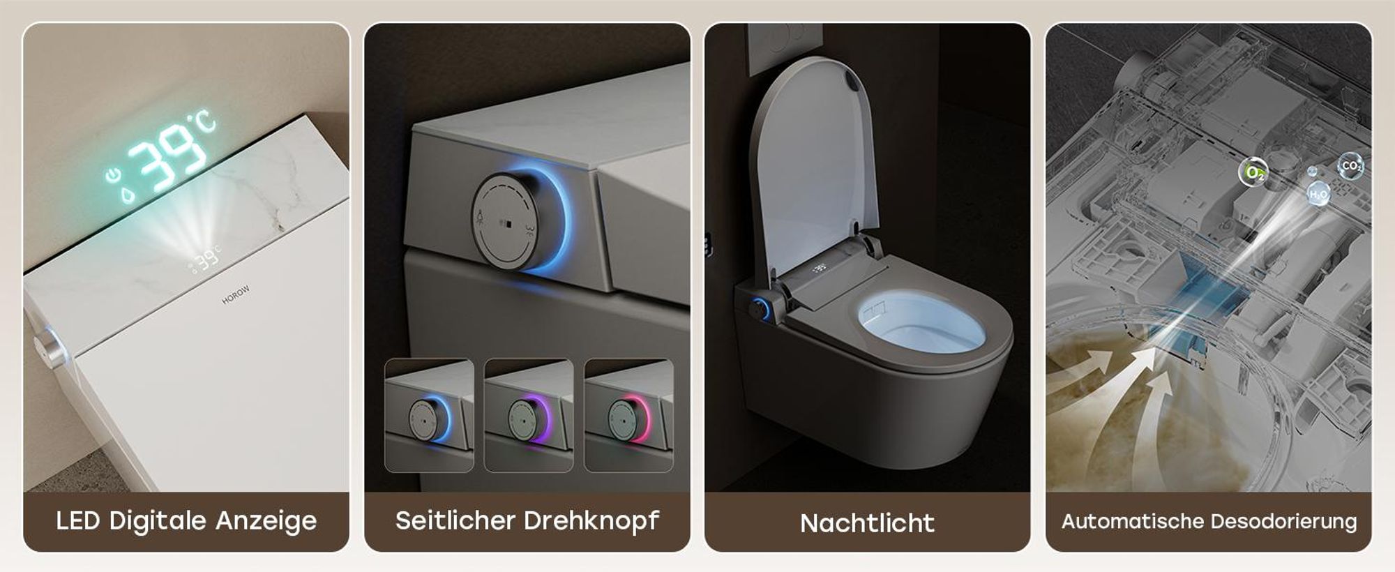 HOROW Intelligente Dusch WC mit Automatische Sensor Funktion, Smart elektrisch Toilette mit Entkalkungsfunktion, 58,6 x 27,5 x 41,6 cm