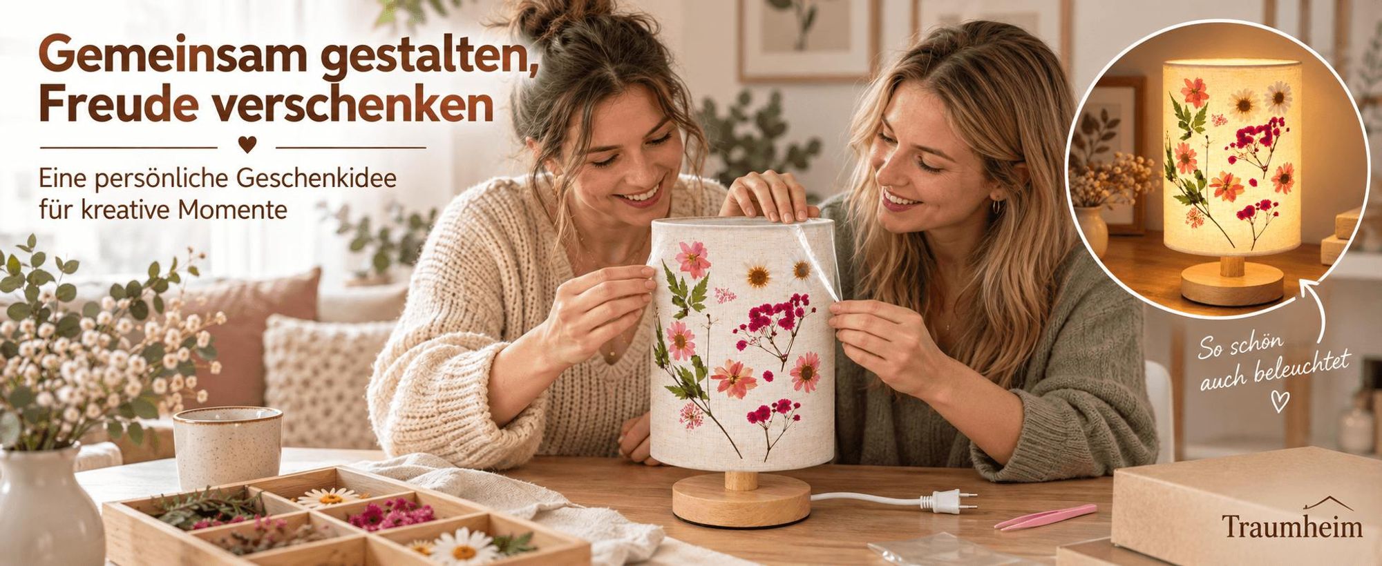 DIY Nachtlicht mit Trockenblumen, Blanko Stoffschirm, 3 Helligkeitsstufen, 5W Tischlampe, USB, Holz lampe für Schlafzimmer, Wohnzimmer & Kinderzimmer