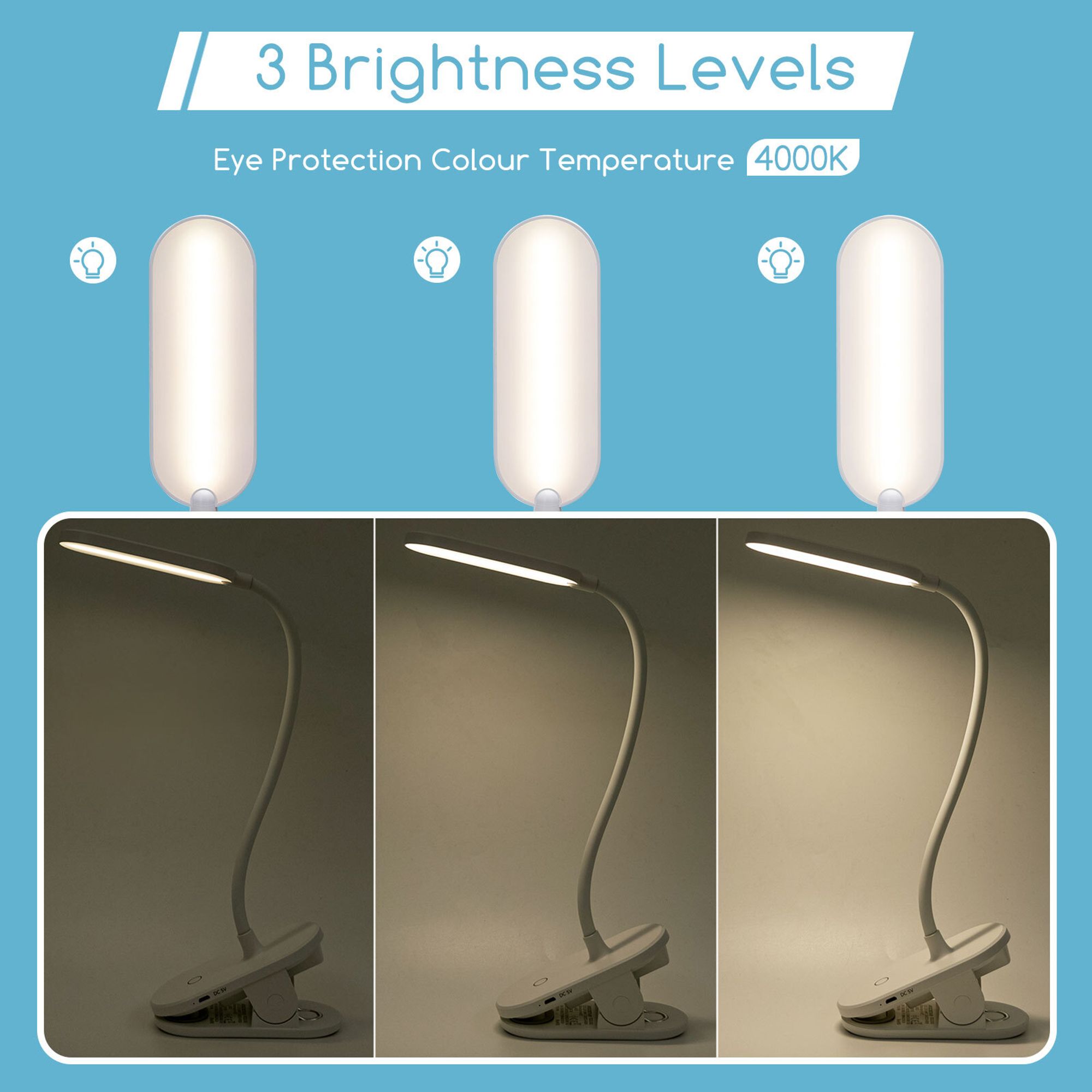 Aigostar LED Leselampe Bett, Dimmbarem Klemmlampe mit 360° Verstellbarem Flexiblem Arm, Wiederaufladbare USB-Leselampe mit 3 Helligkeitsmodi ,4000K