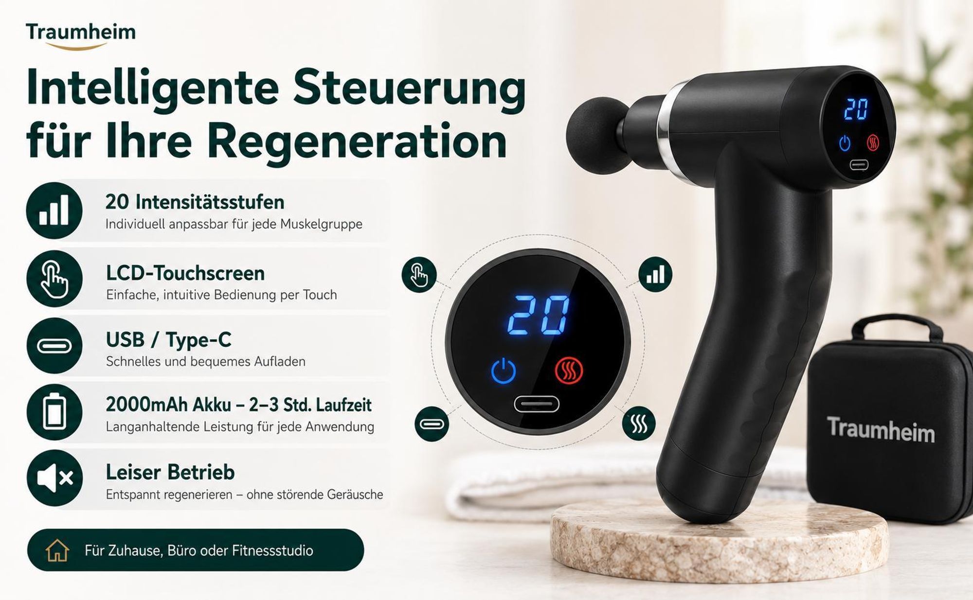 Massagepistole mit Wärme und Kältefunktion, Massage Gun für Tiefengewebe, 20 Stufen,LCD-Touchscreen,7 Massageköpfe für Nacken Rücken Muskelentspannung