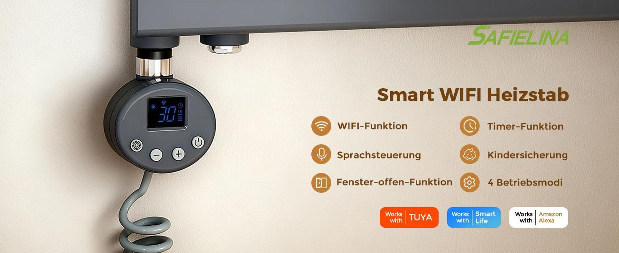 S’AFIELINA Heizstab mit Thermostat 1200W, programmierbarer Timer & LCD-Anzeige, WiFi, für Badheizkörper, Edelstahl, intelligente Steuerung, Anthrazit