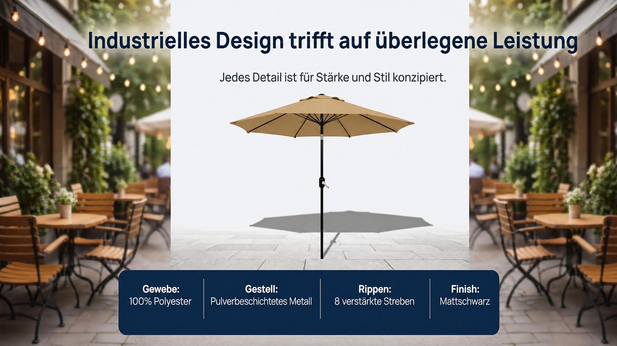 Sonnenschirm Ø2,7m Gartenschirm Terrassenschirm Marktschirm UV50+ wasserabweisend–mit Kurbel & neigbar,8 stabile Streben, Belüftung, inkl. Schutzhülle