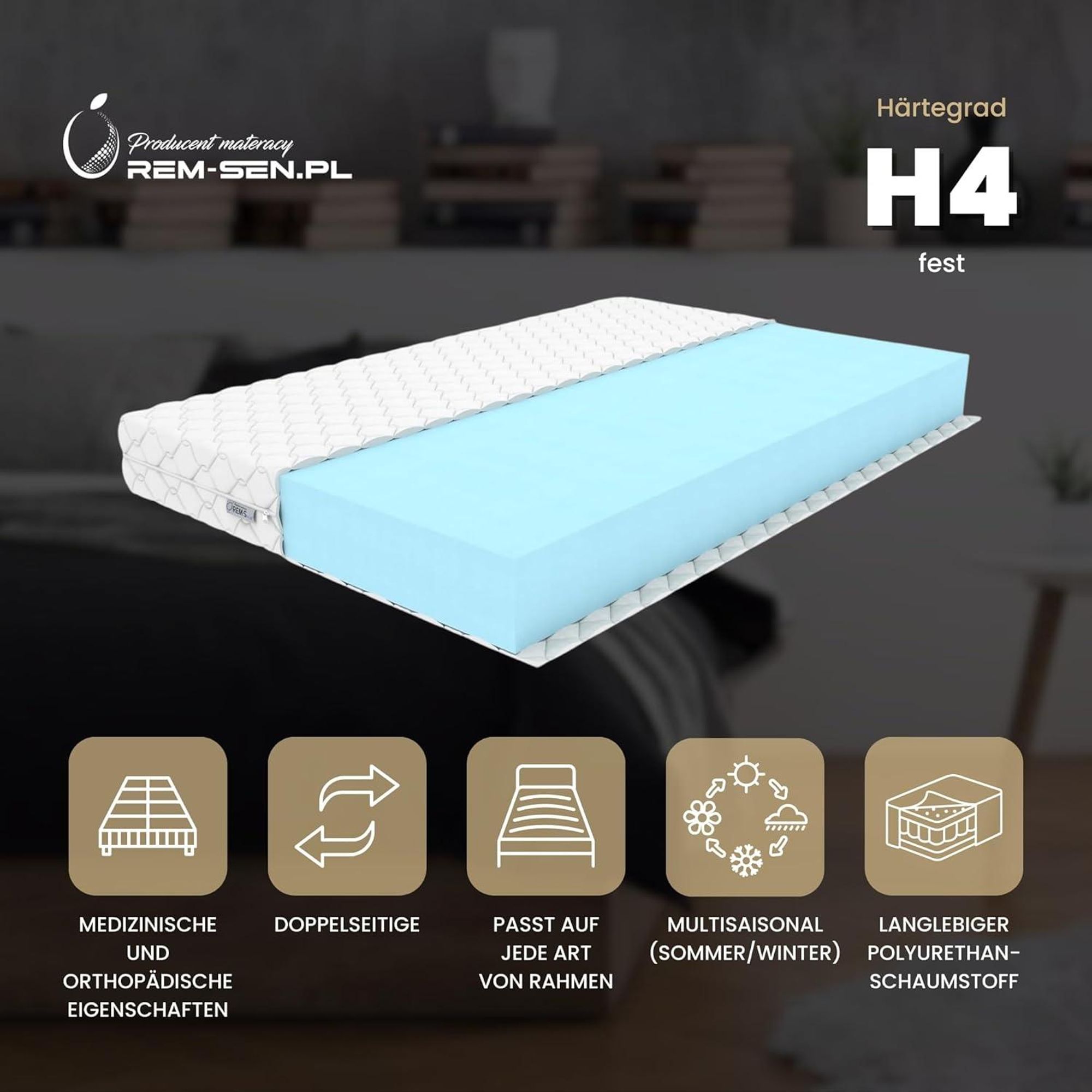 REM-Sen Matratze 90x170cm Höhe 10 cm Härtegrad 4 (H4) aus elastischem Polyurethanschaum mit Komfortschaum und Dreilagige Membranhülle, Matratze für Kinder, Erwachsene