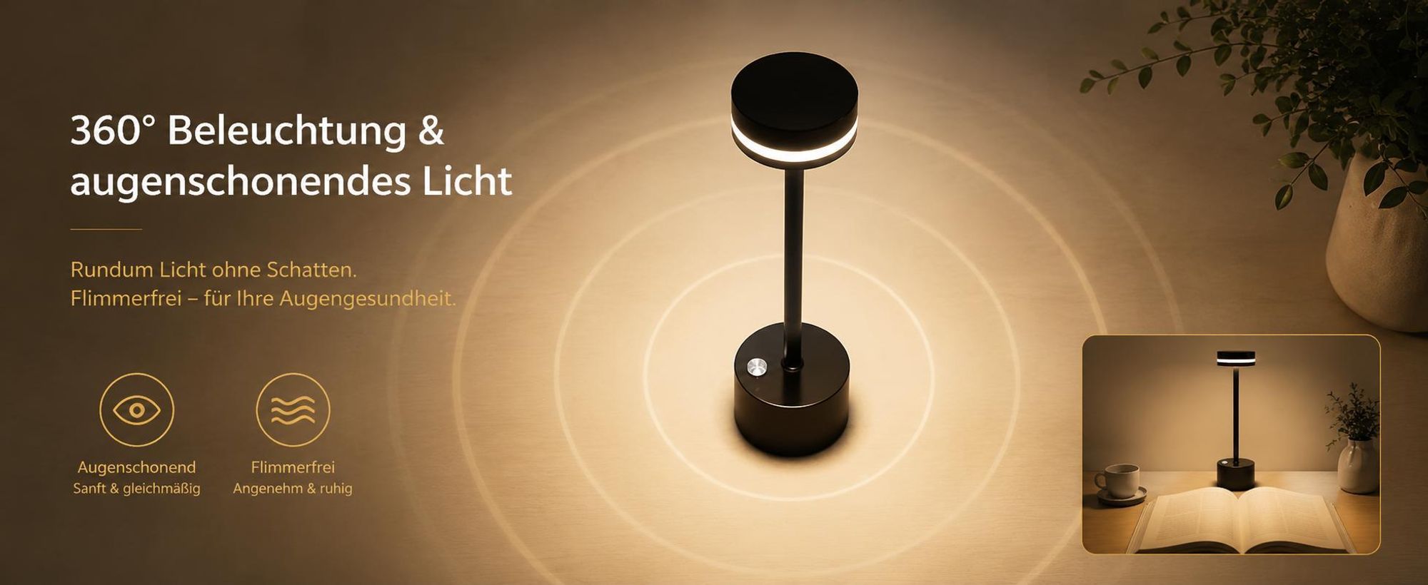 2 Stk Tischlampe,Led Tischleuchte Metall,Kabellos Dimmbar Tischleuchte,Touch Steuerung Augenschutz Leselampe,USB Wiederaufladbare,Schwarz