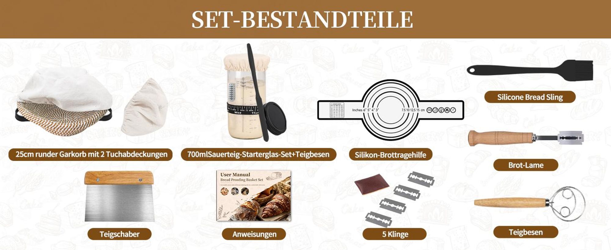 Gärkörbchen Set aus Rattan 10-teilig, Komplettes Brotback Set mit Sauerteigglas, Backmatte & Brotschneider mit 5 Klingen für Anfänger und Profis