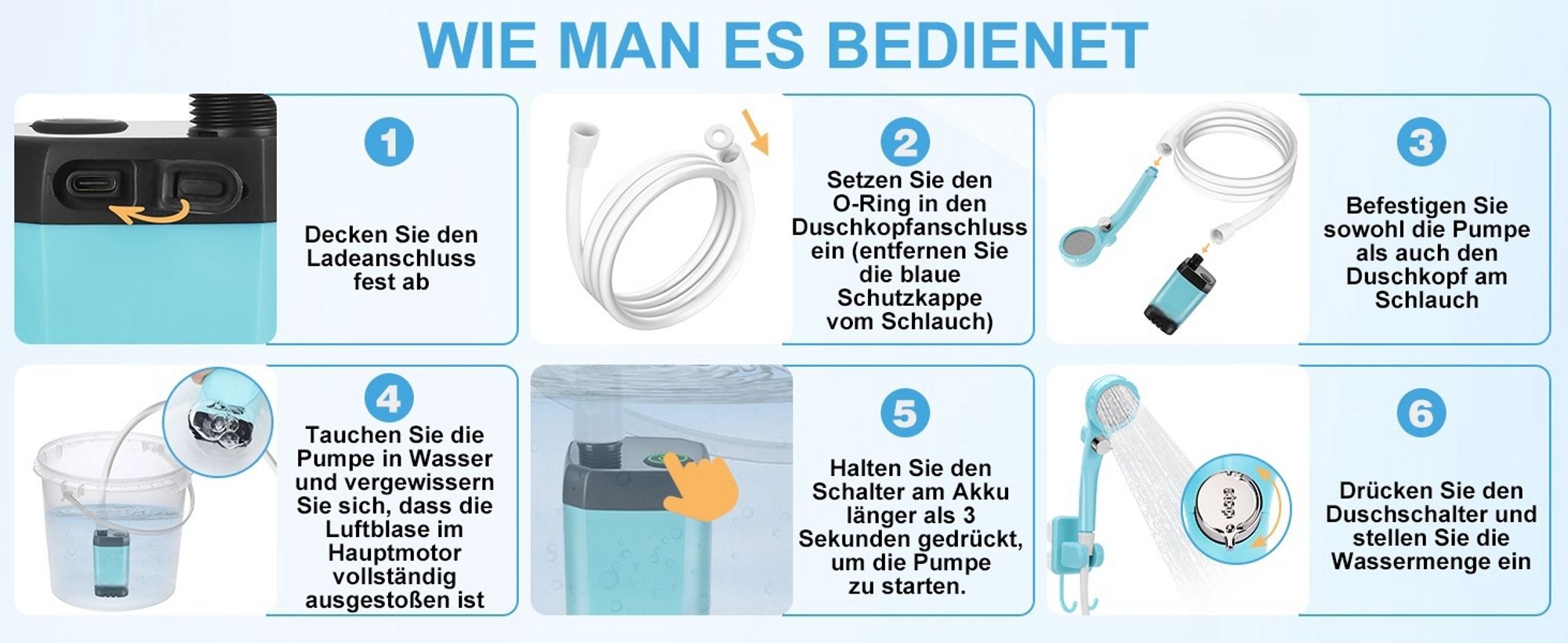 Tragbare Campingdusche Akku mit Pumpe, Camping Dusche Outdoor , Mobile Duschen Außenduschen mit Duschkopf und Schlauch, für Camping Garten Autowaschen