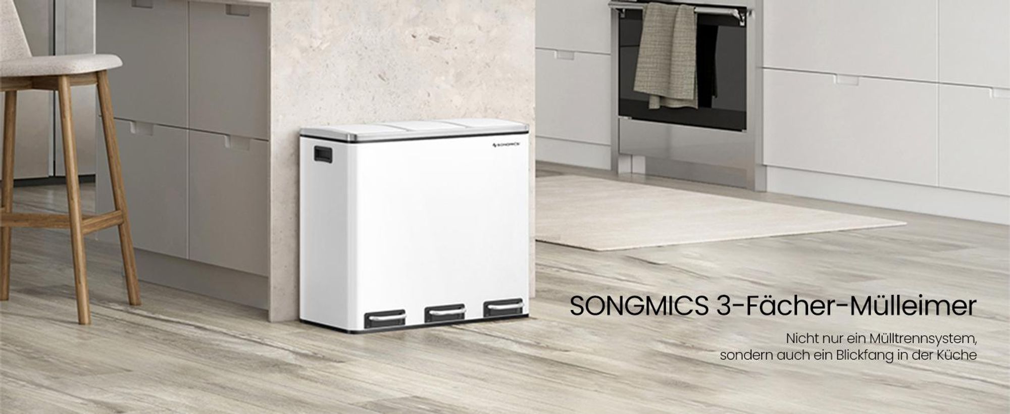 SONGMICS Mülleimer Mülltrennsystem, 3 x 18 L, ergonomisch, 3 Fächer, Küche