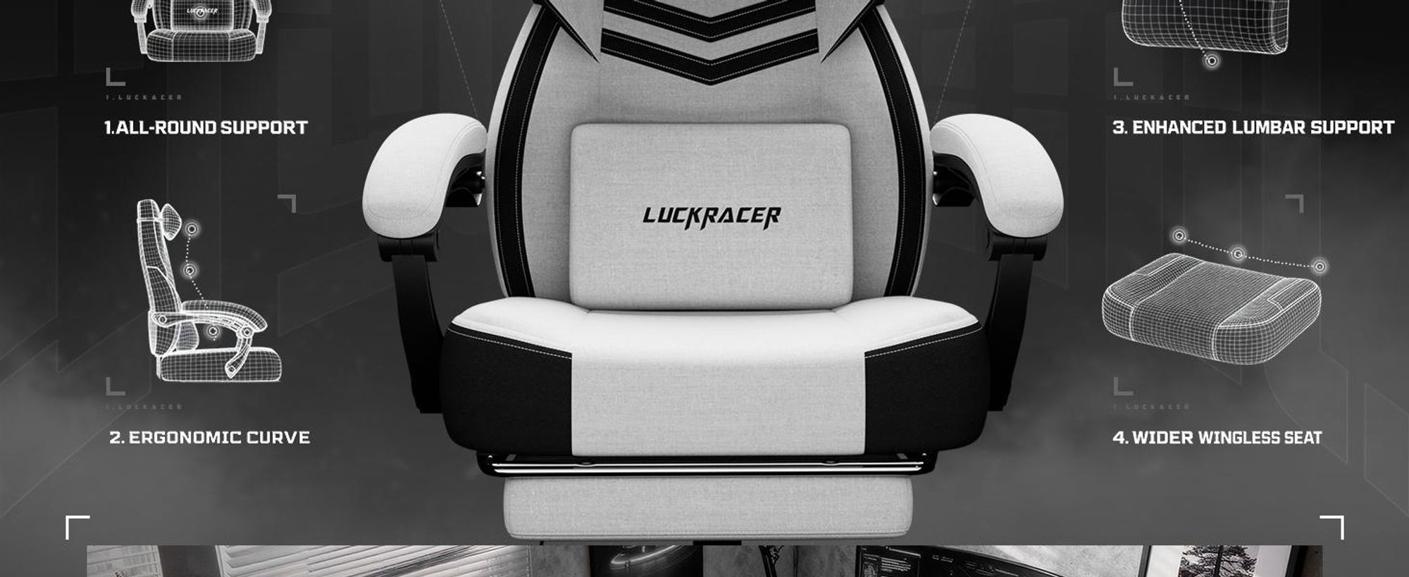 LUCKRACER Gaming stoel, bureaustoel met verbonden armleuningen, memory foam kussens, een kantelbereik van 90–155° en een voetsteun, gemaakt van duurzaam materiaal