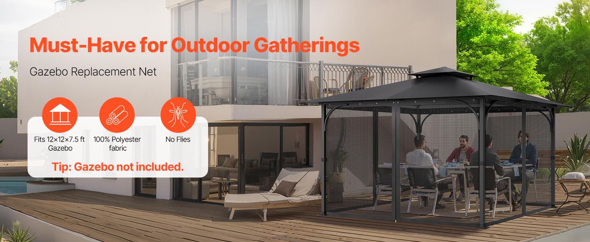 VEVOR Moskitonetz für Pavillon, Mückennetz Ersatz, passend für 365,8x365,8x228,6 cm große Pavillons, Insektenschutz 4-teiliger Seitenwand-Pavillonvorhang
