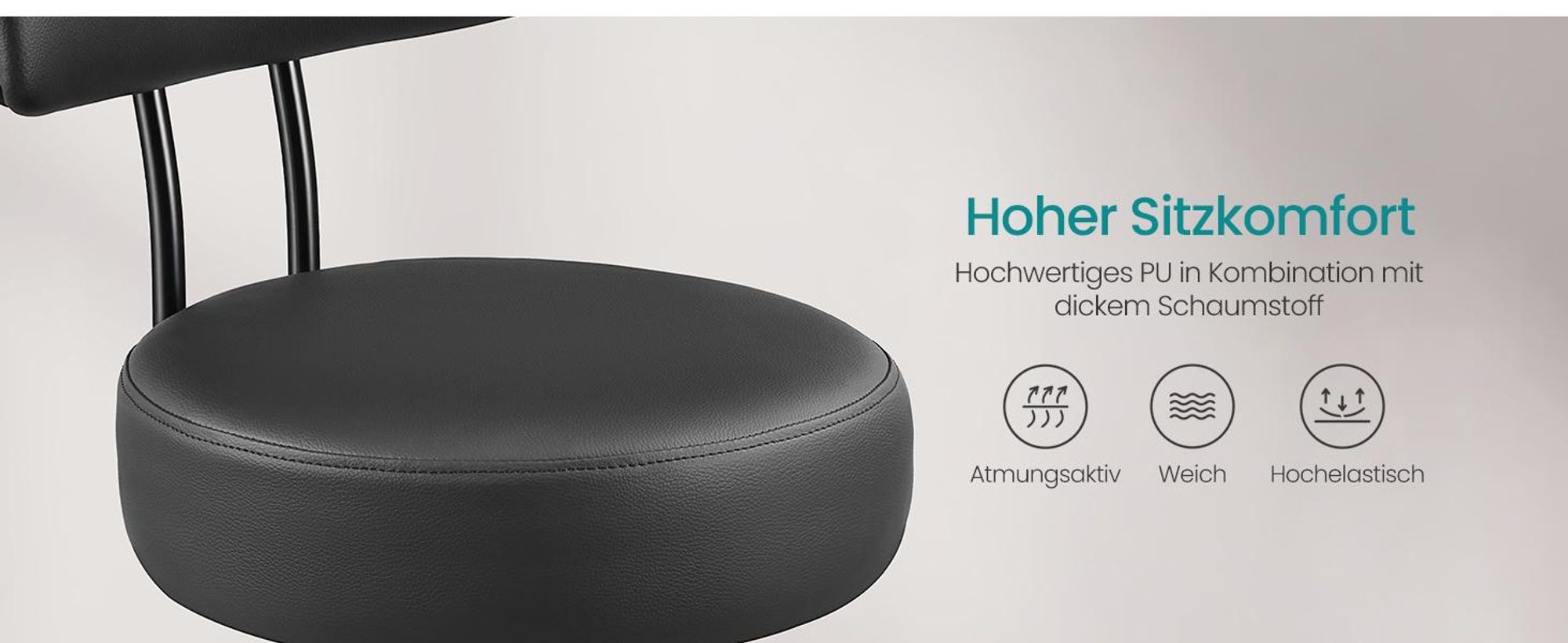 SONGMICS Rollhocker, höhenverstellbar, Hocker mit Rückenlehne, Labor, belastbar bis 150 kg, PolyurethanBezug, schwarz