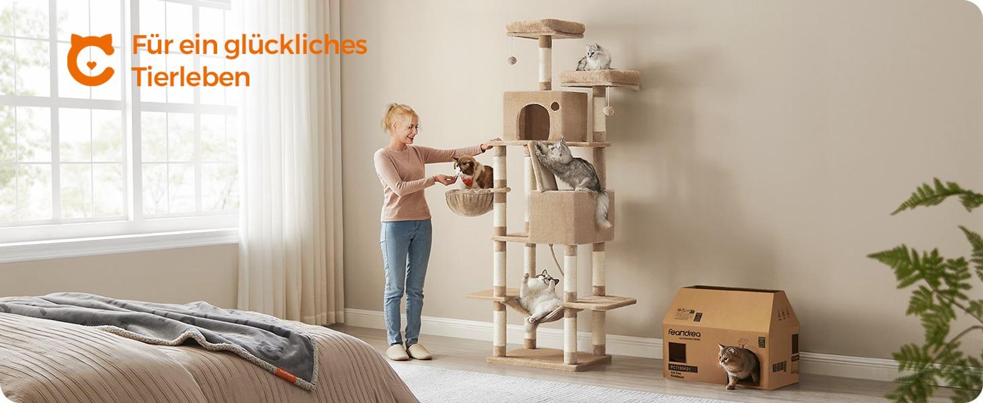 Feandrea Kratzbaum 206 cm, XXL, mit 13 Kratzsäulen, 2 Plattformen kamelbraun