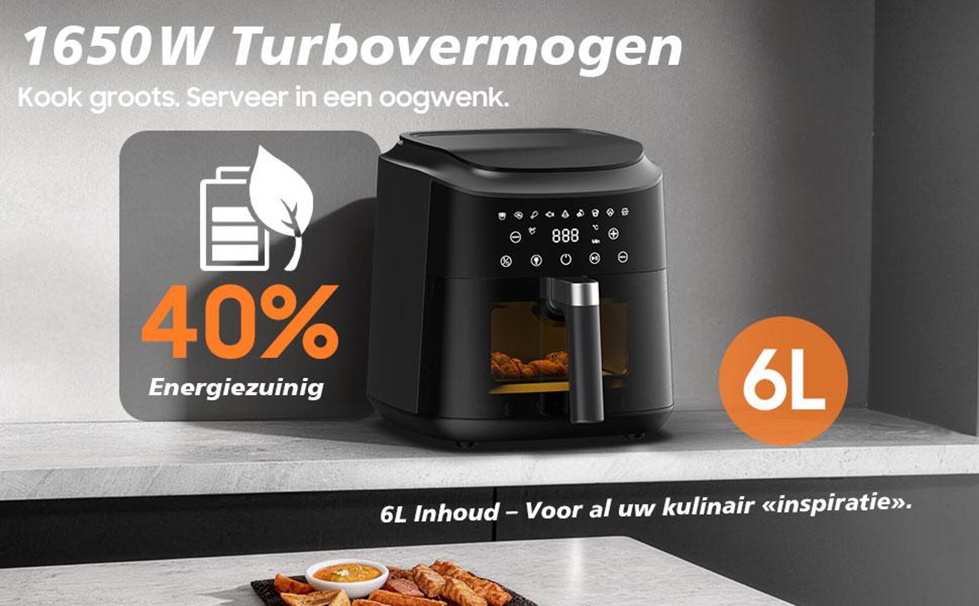 Heteluchtfriteuse, olievrij, metalen binnenruimte, 6L, verlicht kijkvenster, 9 voorgeprogrammeerde kookstanden, vaatwasmachinebestendig, 1650W