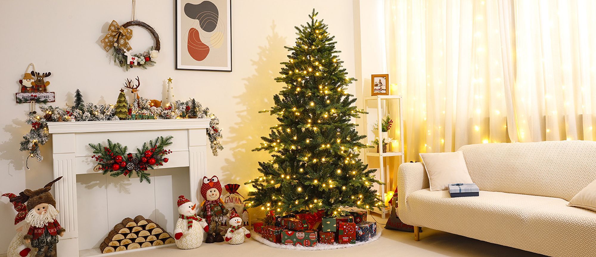 Yorbay künstlicher Weihnachtsbaum Nordmanntanne mit Beleuchtung LED Tannenbaum mit Holzständer für Weihnachten-Dekoration, aus PE und PVC, Mehrweg (210cm)