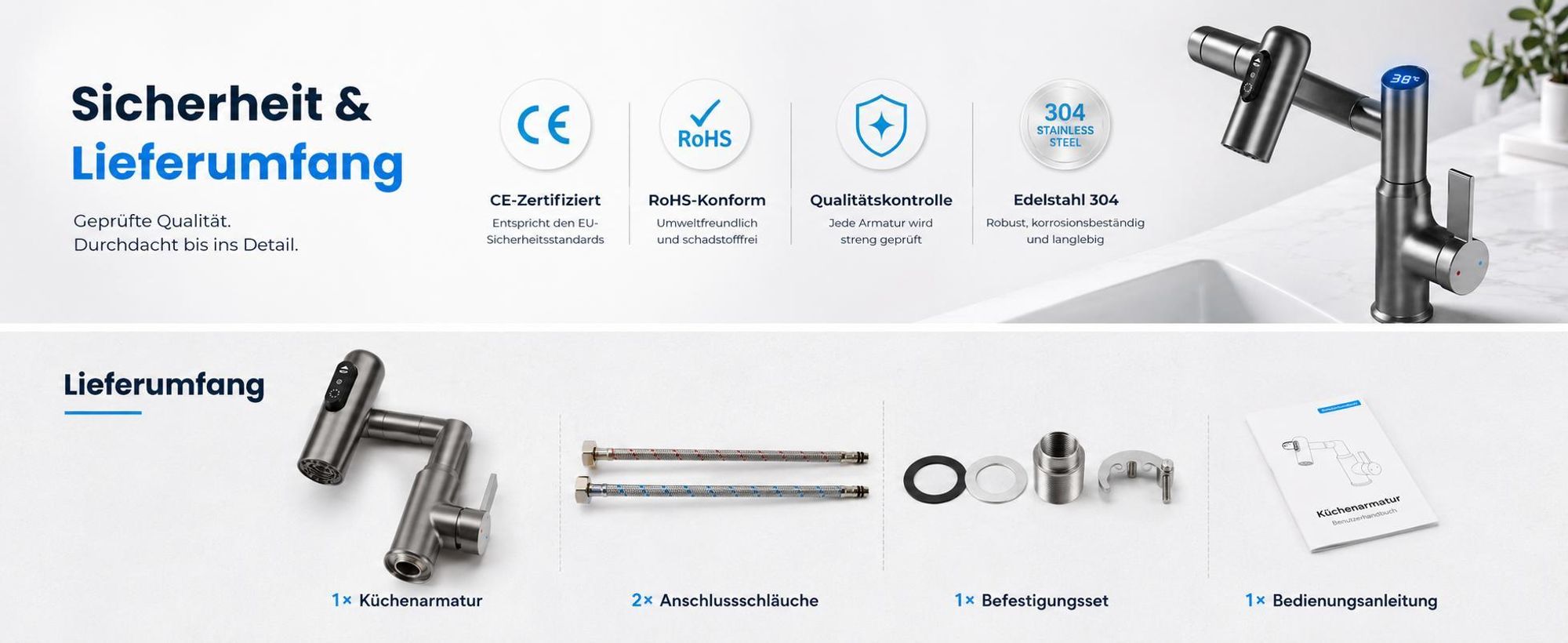 Wasserhahn Bad mit 3 Strahlarten, LED-Temperaturanzeige Armaturen küche, 360° drehbar, Edelstahl, Keramikventil, für Bad & Küche