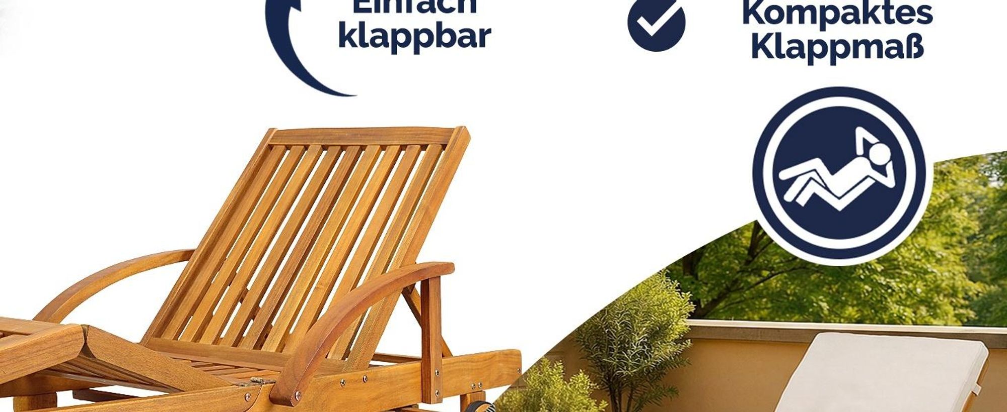 CASARIA® Sonnenliege Holz inkl. Auflage Creme 320kg Belastbar 195x55cm Klappbar Räder Rückenlehne Verstellbar Ablage Akazie Gartenliege Balkon Garten Terrasse Liege Wetterfest