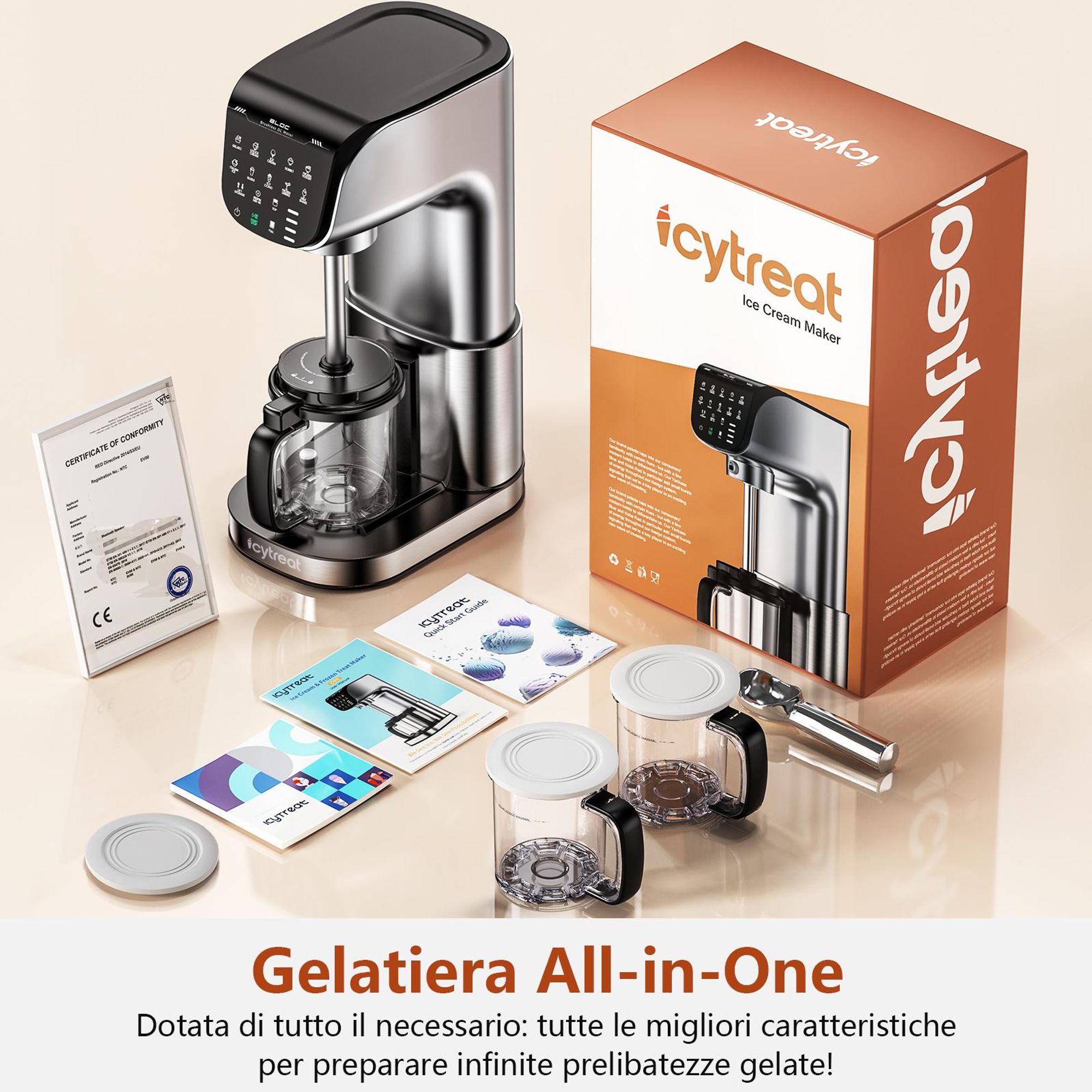 Gelatiera IcyTreat IC-1010 EU – Certificata CE – Completamente automatica, corpo in acciaio inox – Dotata di 3 contenitori e 12 programmi – Argento