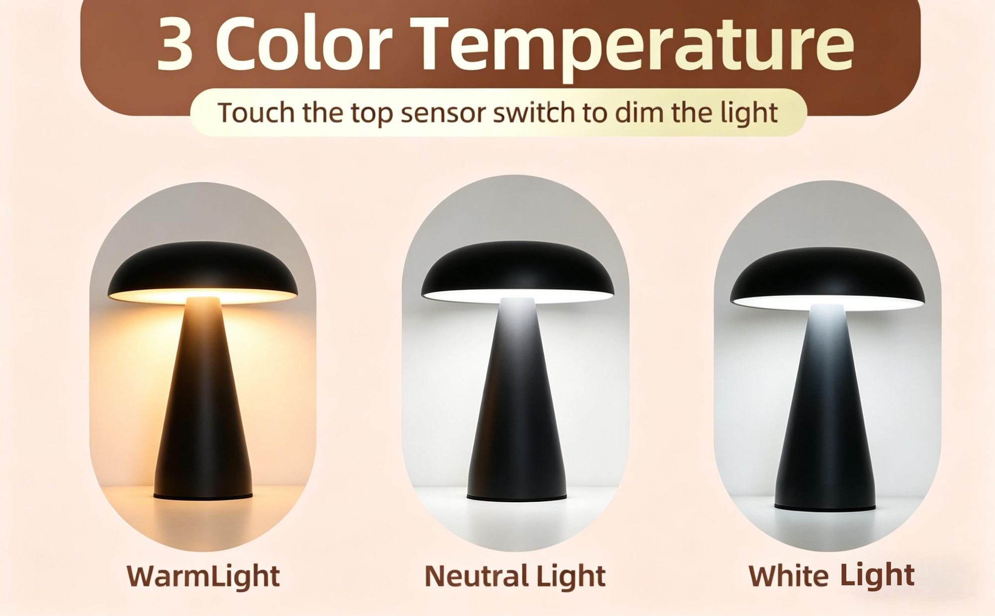 LED-Pilzlampe, tragbare Metall-Schreibtischlampe,USB-Aufladung Nachttischlampe, dreifarbiges Touch-Kabellos Dimmen, Augenschutz-Nachtlicht, Schwarz