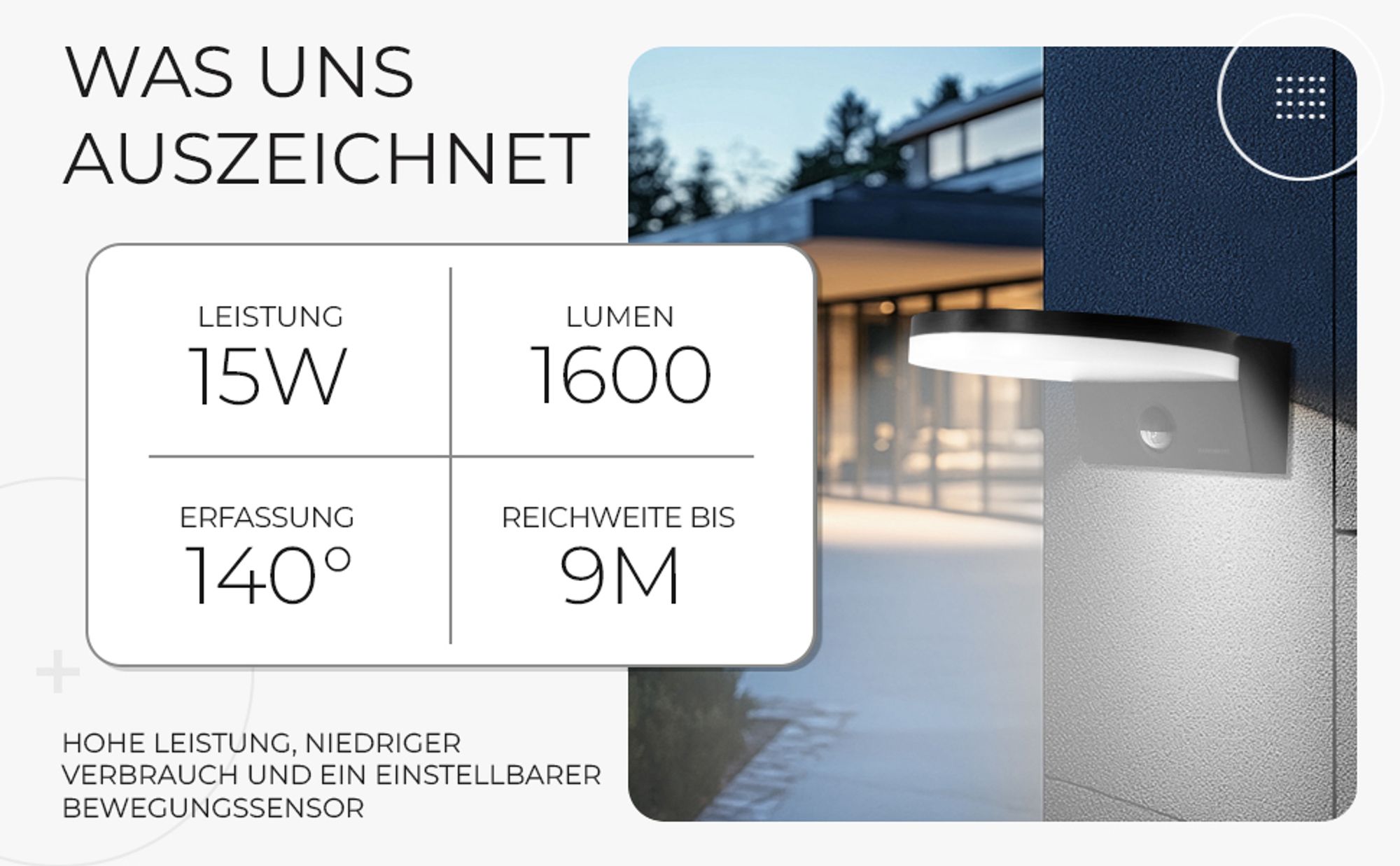 LED Außenwandleuchte Zirkon, schwarz mit Bewegungsmelder, Neutralweiß 4000K, 15W, IP65, 1600lm, 120° Abstrahlwinkel, Sensor 140° Reichweite 9m