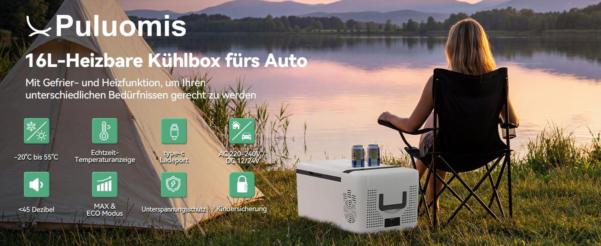 Puluomis Elektische Kühlbox 16L, heizbare Kompressor Kühlschrank, -20°C bis 55°C, mit Type C Ladeport ECO/MAX Modus, 12/24V DC, 220-240V AC weiß