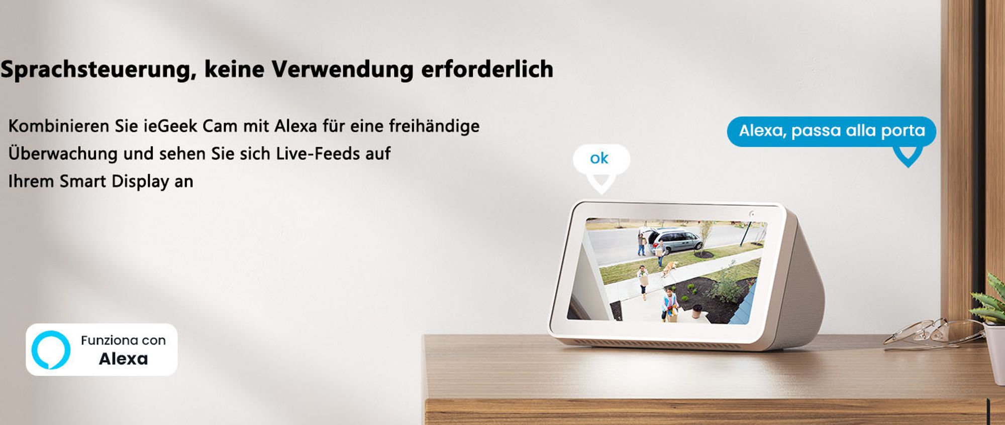 ieGeek 2K Solar Überwachungskamera Aussen Akku, PIR, 2-Wege-Audio, Alexa, Wlan, 64GB