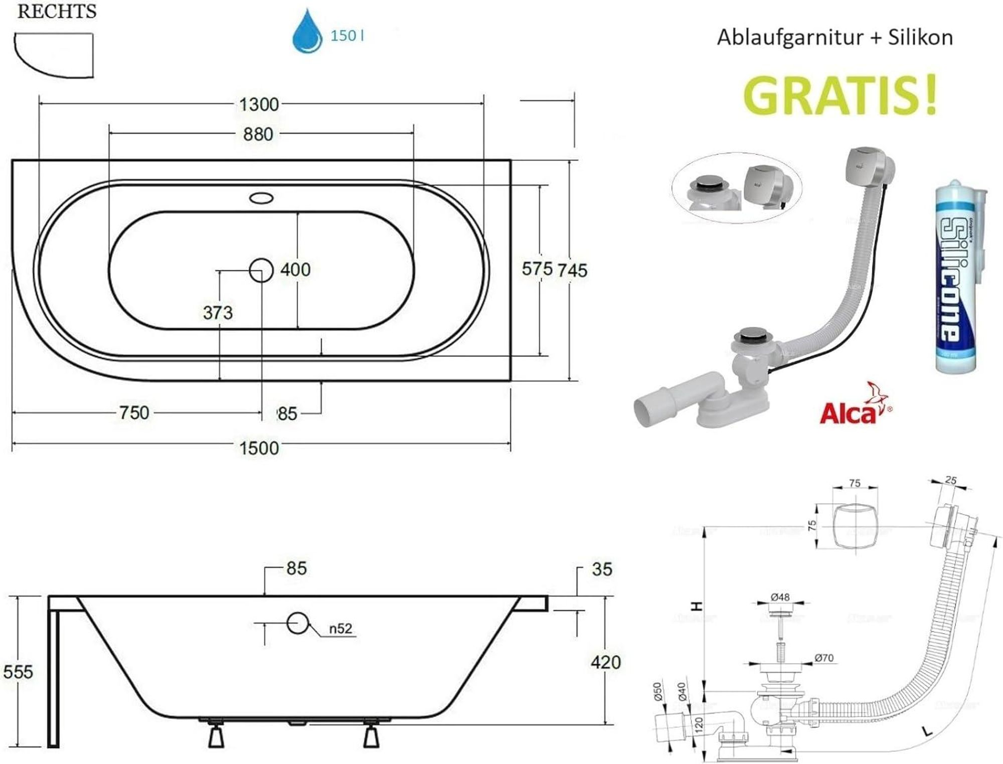 ECOLAM Badewanne 150x75 LINKS Avita Eckbadewanne mit Schürze | Acrylwanne Eckwanne + Schürze Füße Silikon Ablaufgarnitur GRATIS Komplettset