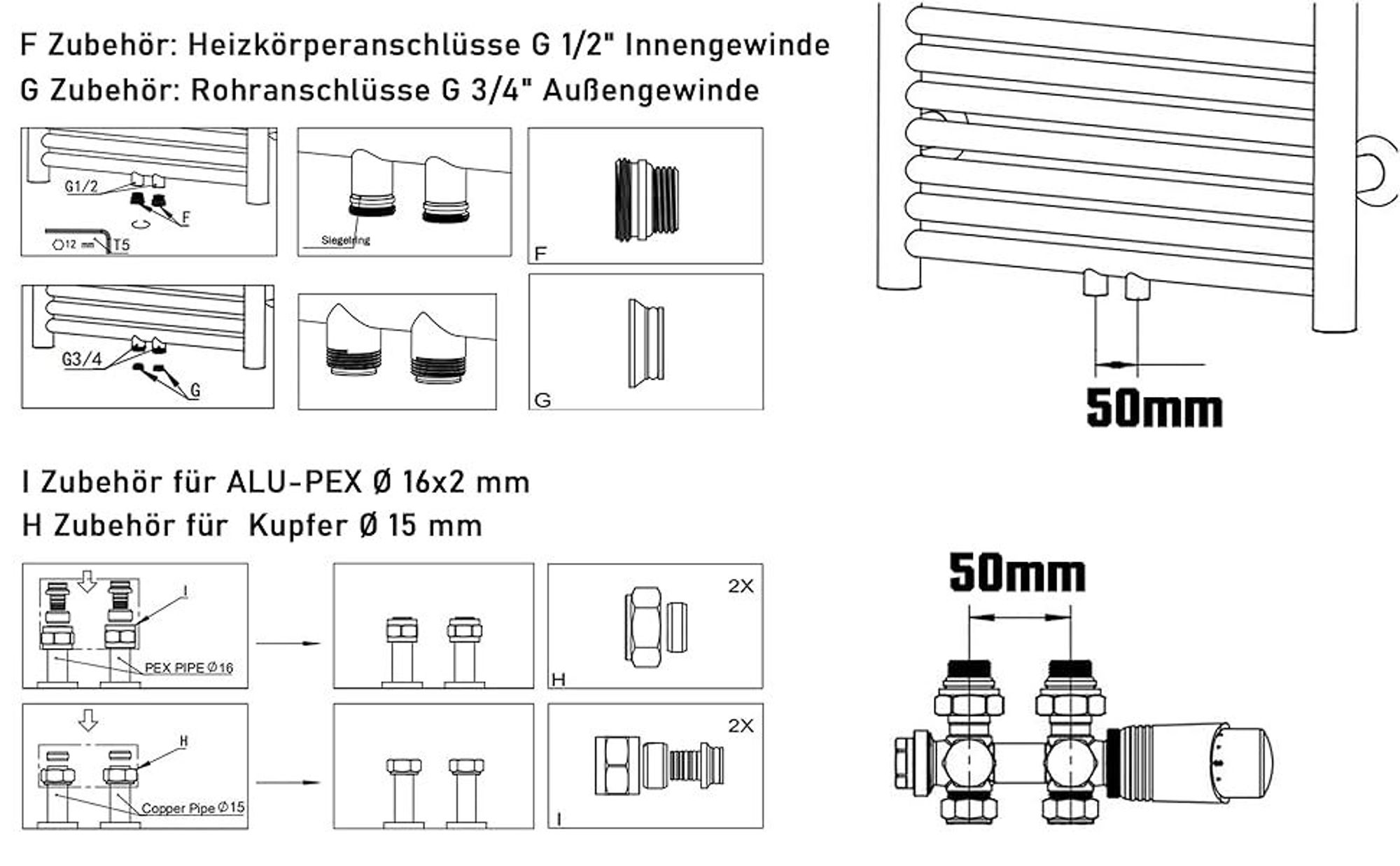 Multiblock mit Thermostat, Hahnblock Eck und Durchgangsform für Bad Heizkörper Mittelanschluss Ventil-Armaturen Anschlussarmatur , G1/2", G3/4", 50mm