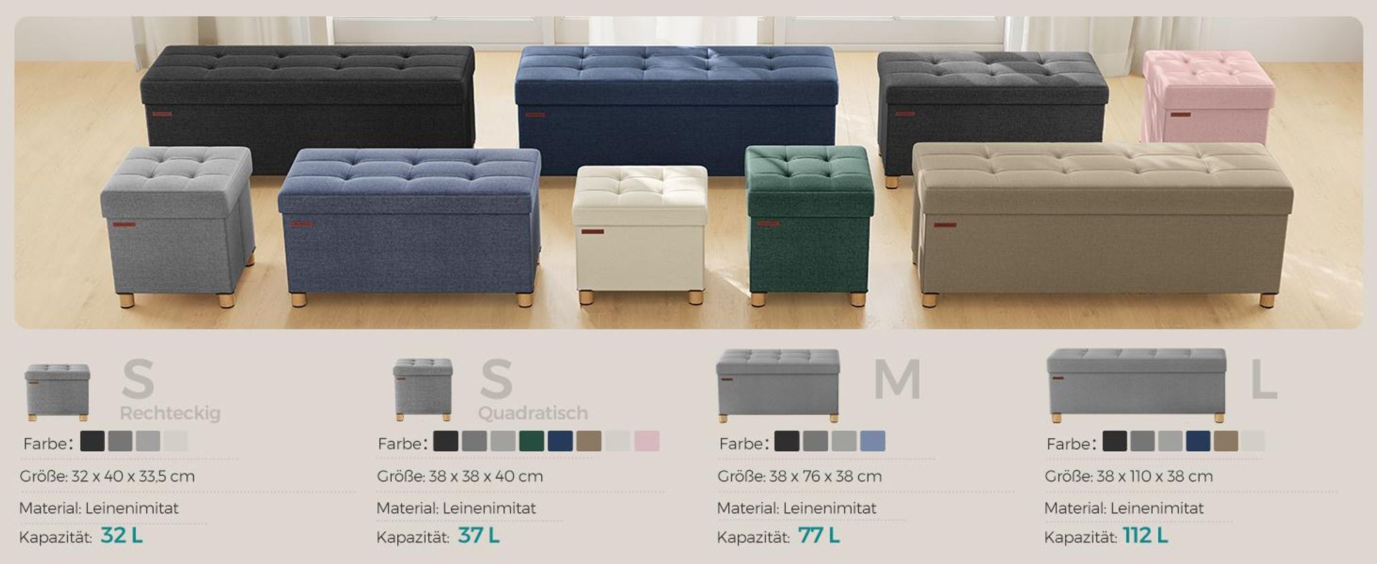 SONGMICS Sitzhocker, 37L, klappbare Sitztruhe, Aufbewahrungsbox, Hellgrau
