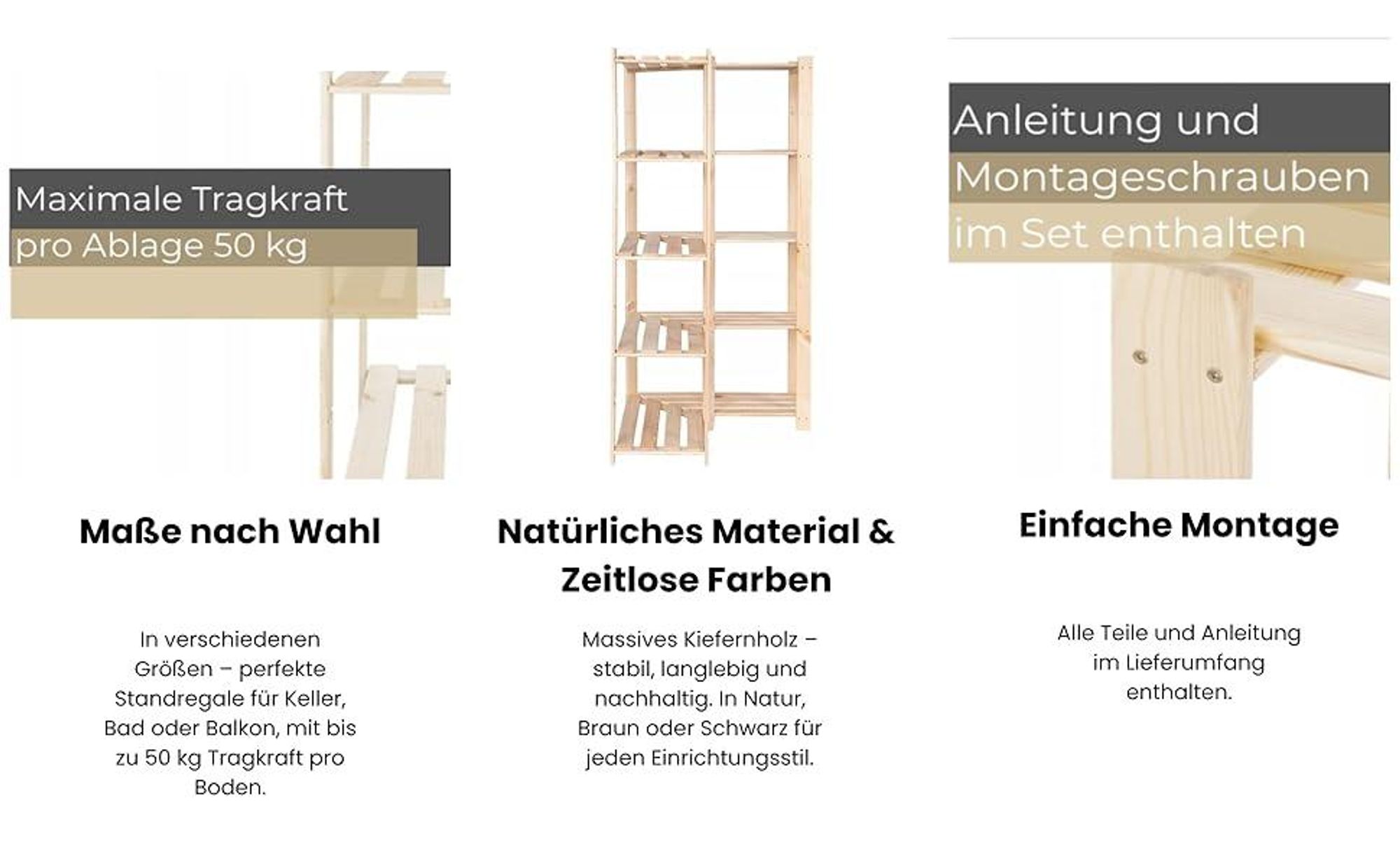 STOLMAK Holzregal Eckregal 83x170x38 cm Kiefernholz Standregal mit 5 Ablagen Natur Lagerregal Kellerregal Badregal für Wohnzimmer Garage