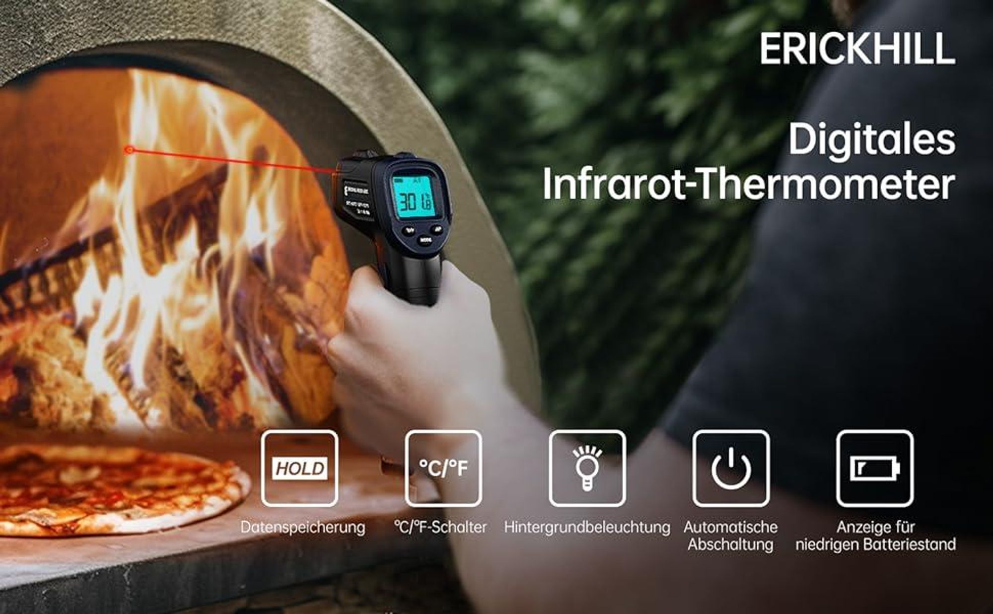 Infrarot-Thermometer ERICKHILL, -50°C bis 600°C, LCD, Koch-/Industrie