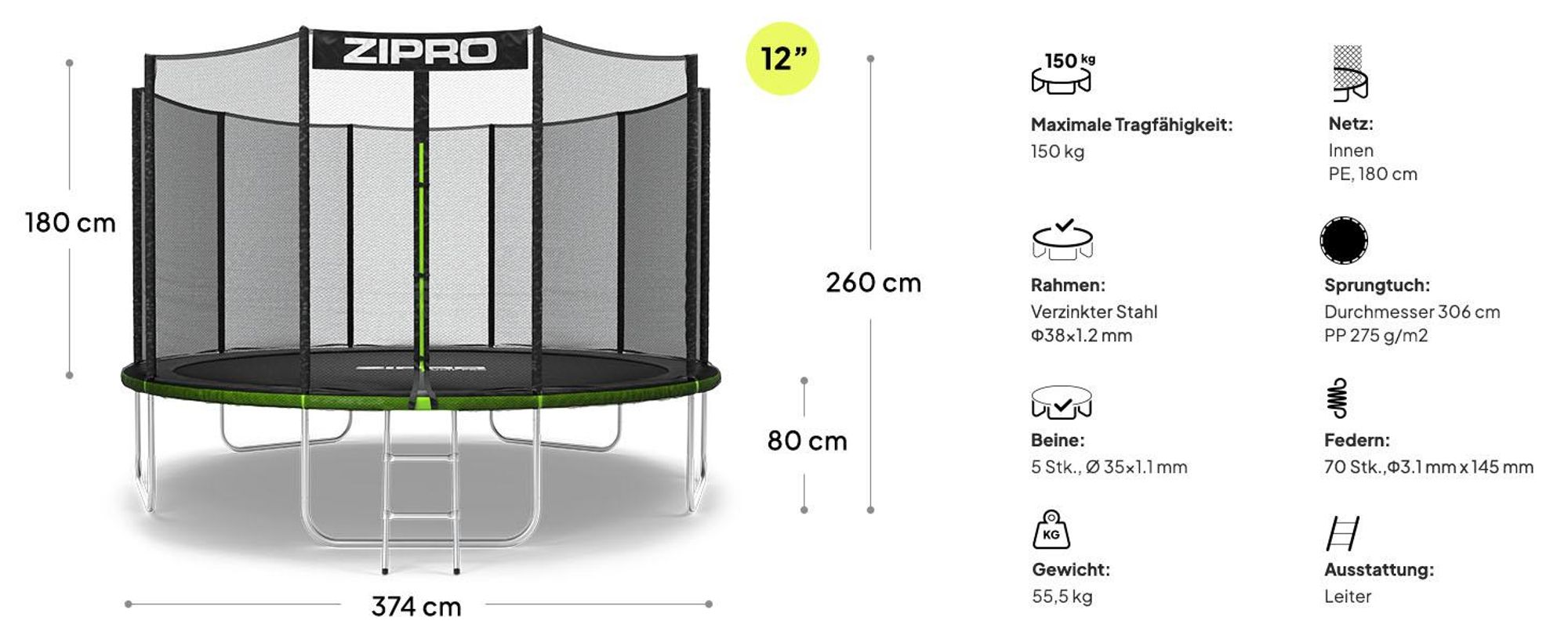 ZIPRO Trampolin Jump Pro Out | 12FT Ø 374 cm | Gartentrampolin Kindertrampolin Komplett-Set inkl. Außennetz, Leiter & Randabdeckung, Outdoor, Grün