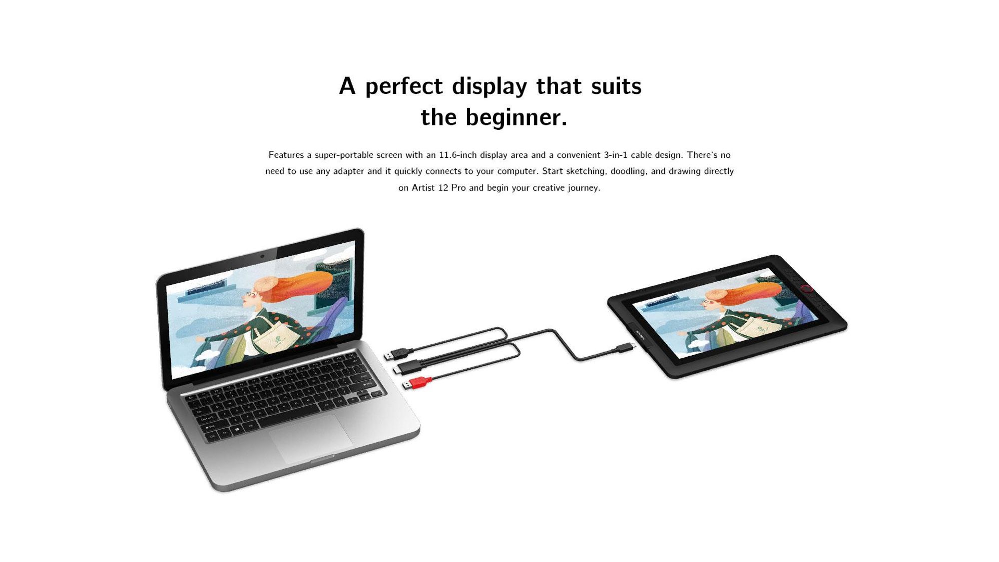XPPen Artist 12 Pro, Kabelgebunden, 5080 lpi, 256,32 x 144,18 mm, USB, 1 cm, Stift