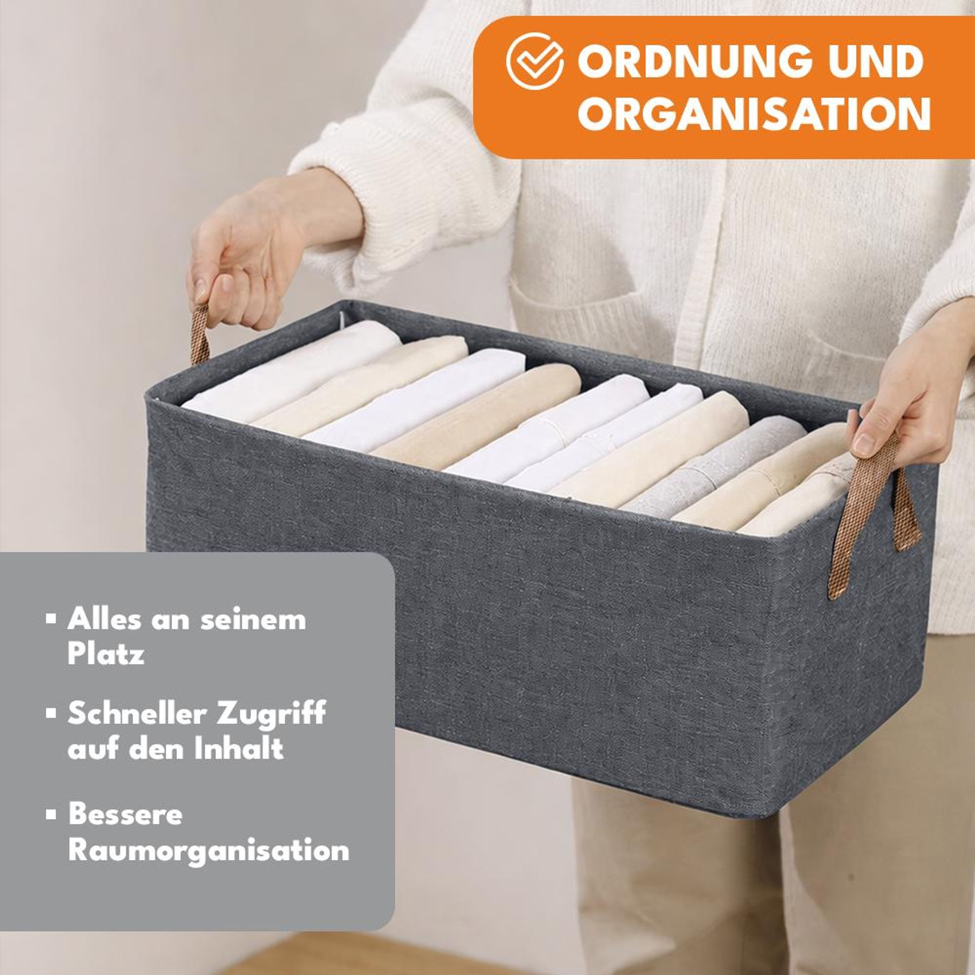 KRUMAD Aufbewahrungsbox Stoff faltbar 47x28x20 cm – Kleiderschrank Organizer Box ohne Deckel für Kleidung & Schrankorganisation, Grau