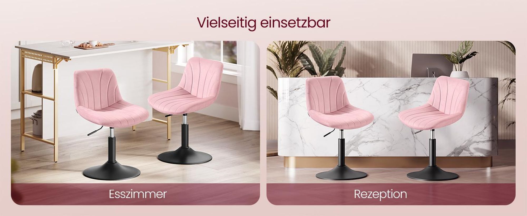 VASAGLE Schminkstuhl, Stizhocker, 65,5-77,5 cm höhenverstellbar, Barhocker, drehbar, Samt-Bezug, rosa