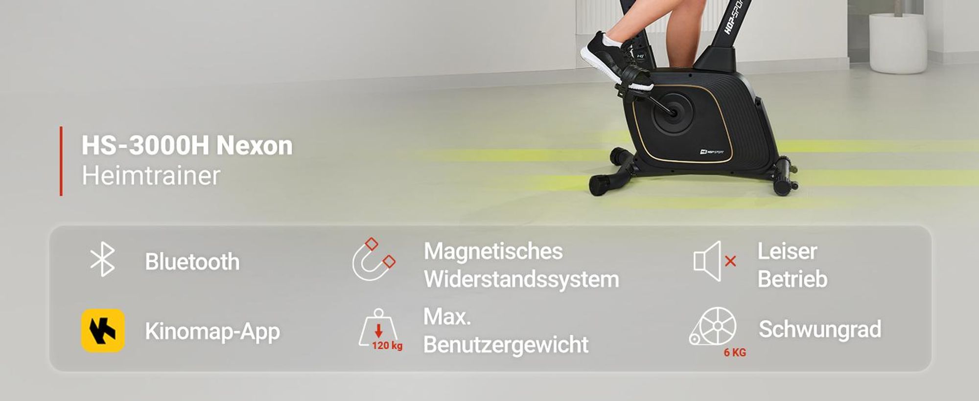 Hop-Sport Heimtrainer HS-3000H Hometrainer Fahrrad mit Magnetwiderstand, LCD-Display, Bluetooth & Kinomap, Pulsmessung, bis 120 kg belastbar, Schwarz