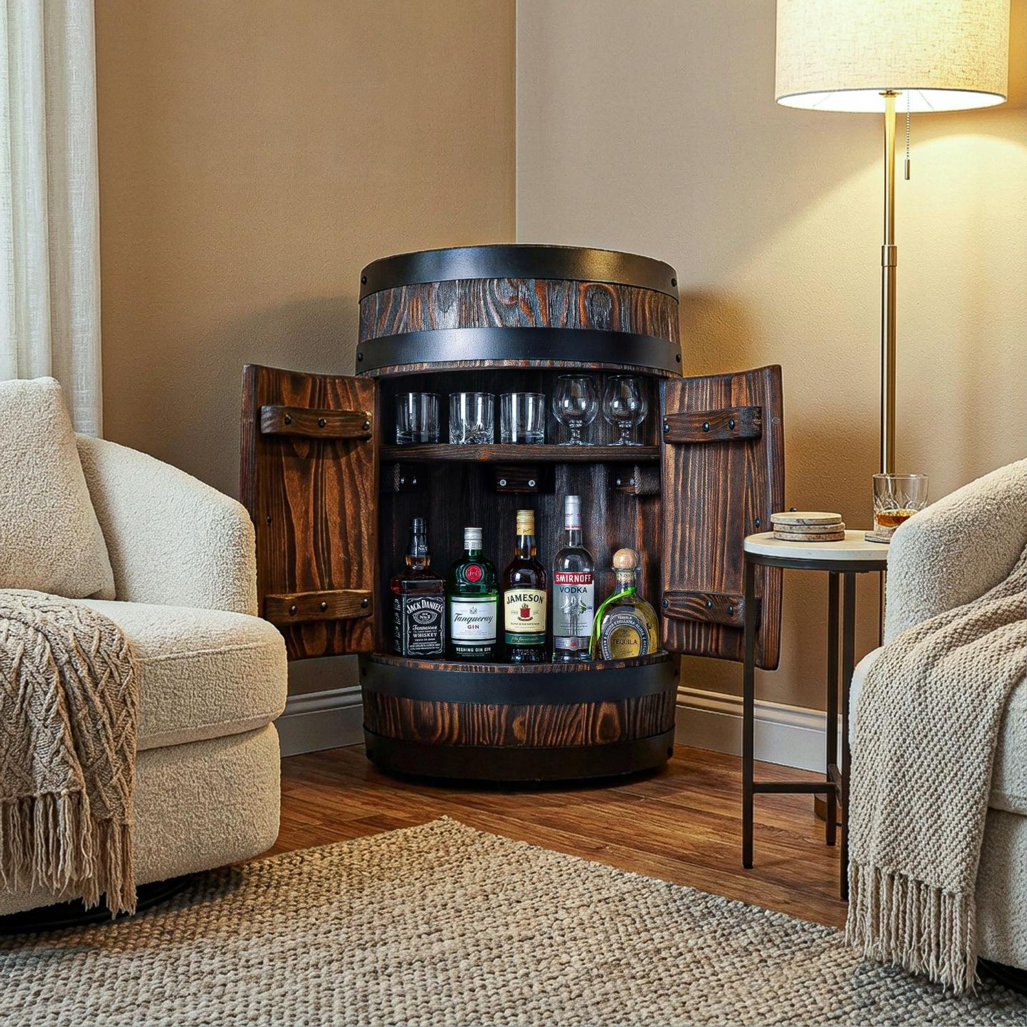 Holzbar Fass 55x40 cm Alkoholschrank Hausbar aus Holz für Whisky Wein Flaschen | Barfass Schrank Minibar Weinschrank rustikal Loft Möbel Geschenkidee