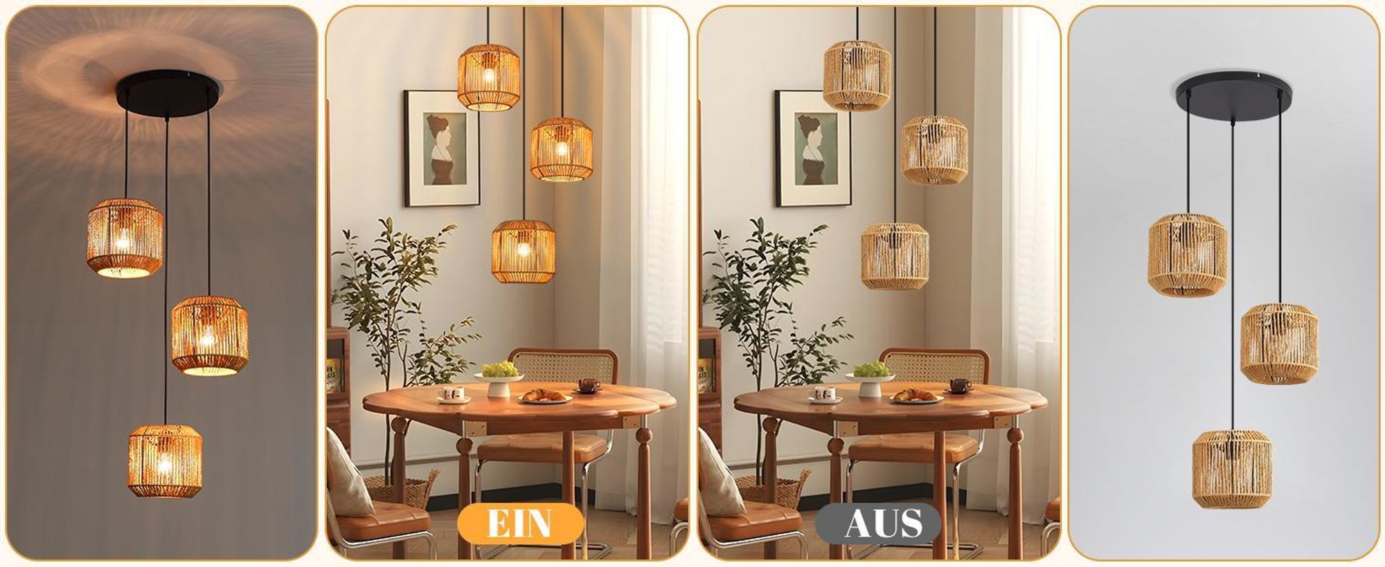 ZMH Pendelleuchte Boho Hängelampe Rattan Lampe Hängend Höhenverstellbar 3 flammig Esstischlampe mit E27 Fassung für Schlafzimmer Ohne Leuchtmittel