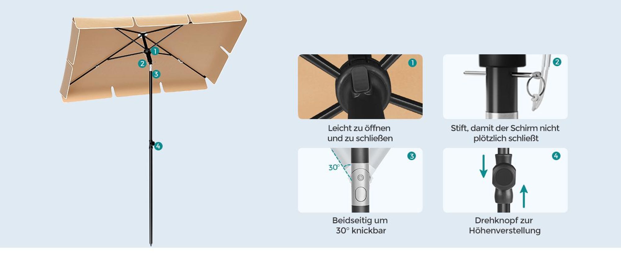 SONGMICS Sonnenschirm 200 x 125 cm UPF 50+ Sonnenschutz