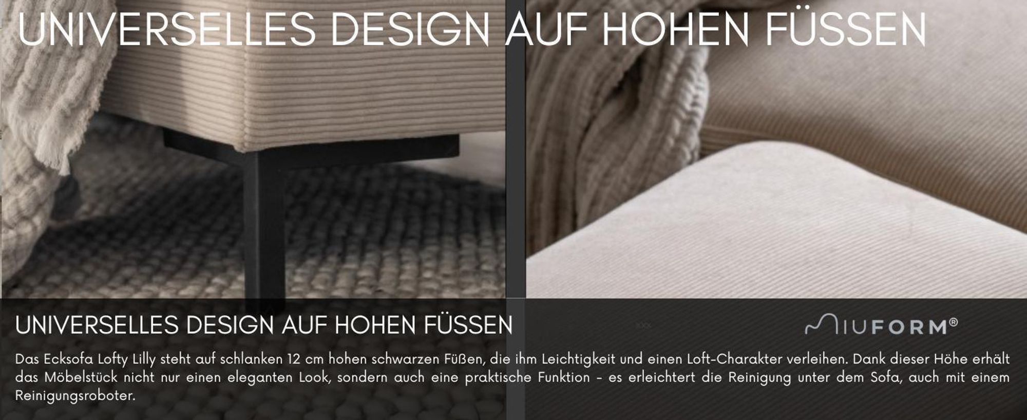 MIUFORM Lofty Lilly - Ecksofa mit Bettfunktion und Bettkasten U-FORM RECHTS - 303 x 197 cm - Grau - Sofa Schlafsofa Couch