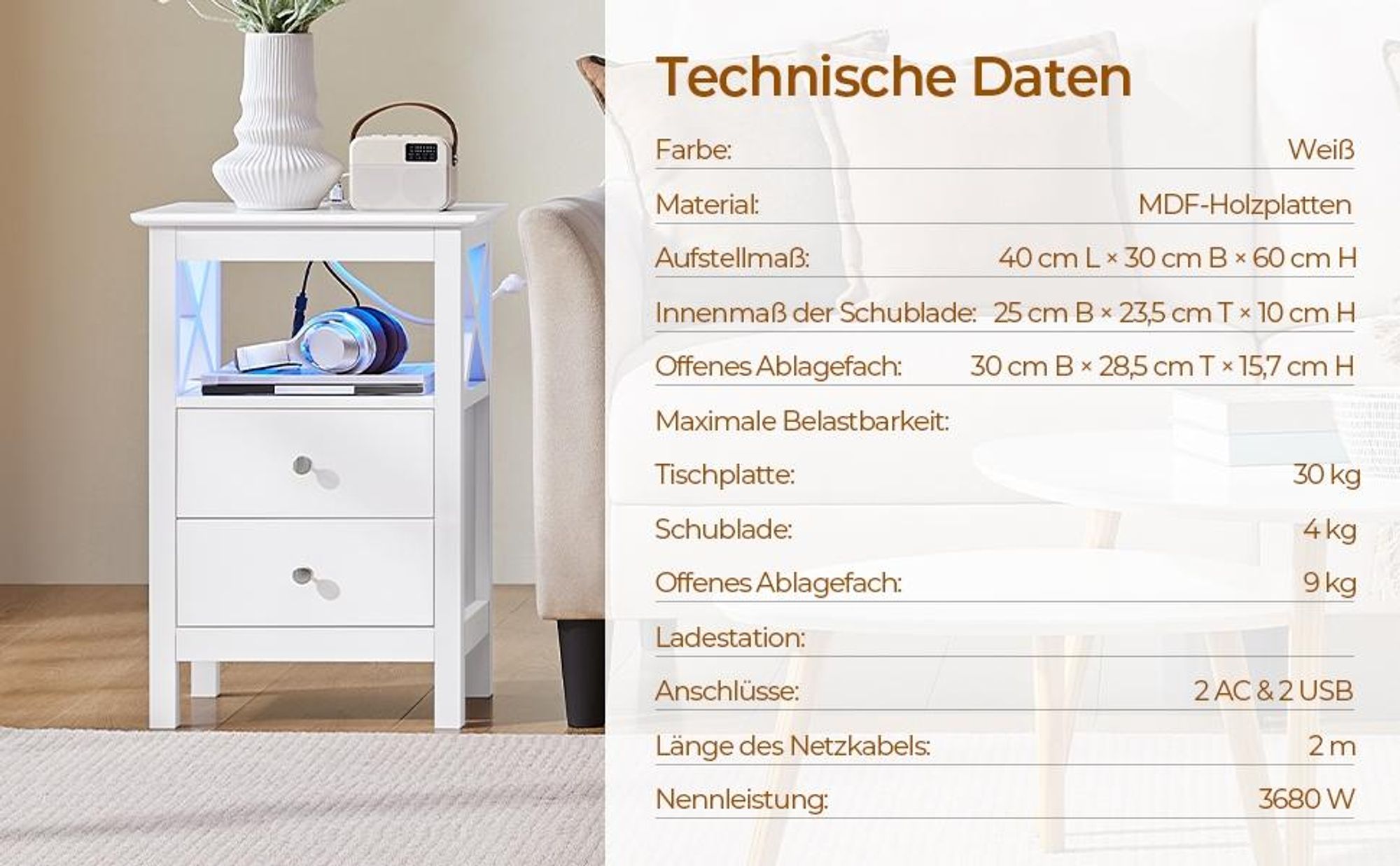 Yaheetech Nachttisch mit Steckdosen & einstellbarer LED, Nachtschrank Beistelltisch, Weiß